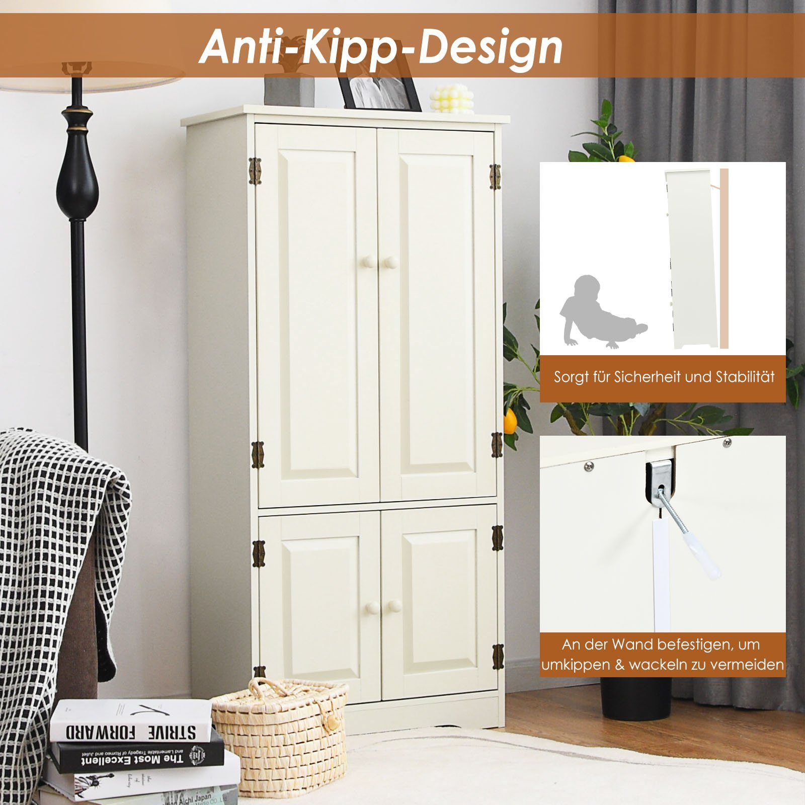 COSTWAY Mehrzweckschrank mit Türen & verstellbarem Regal,Vorratsschrank Holz