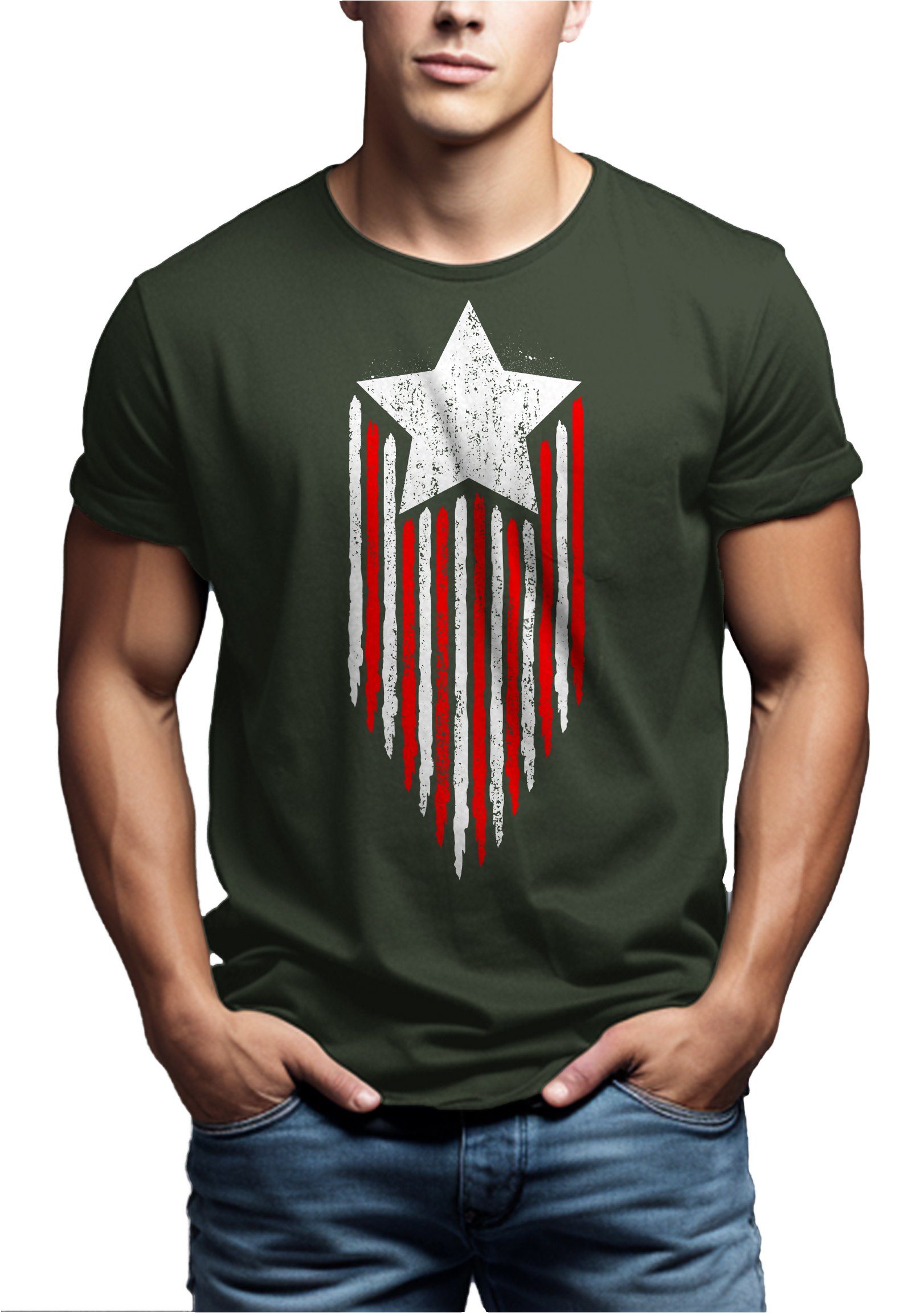 Fahne American Herren US America Vintage T-Shirt Star Amerika Grün Stern USA Flagge MAKAYA