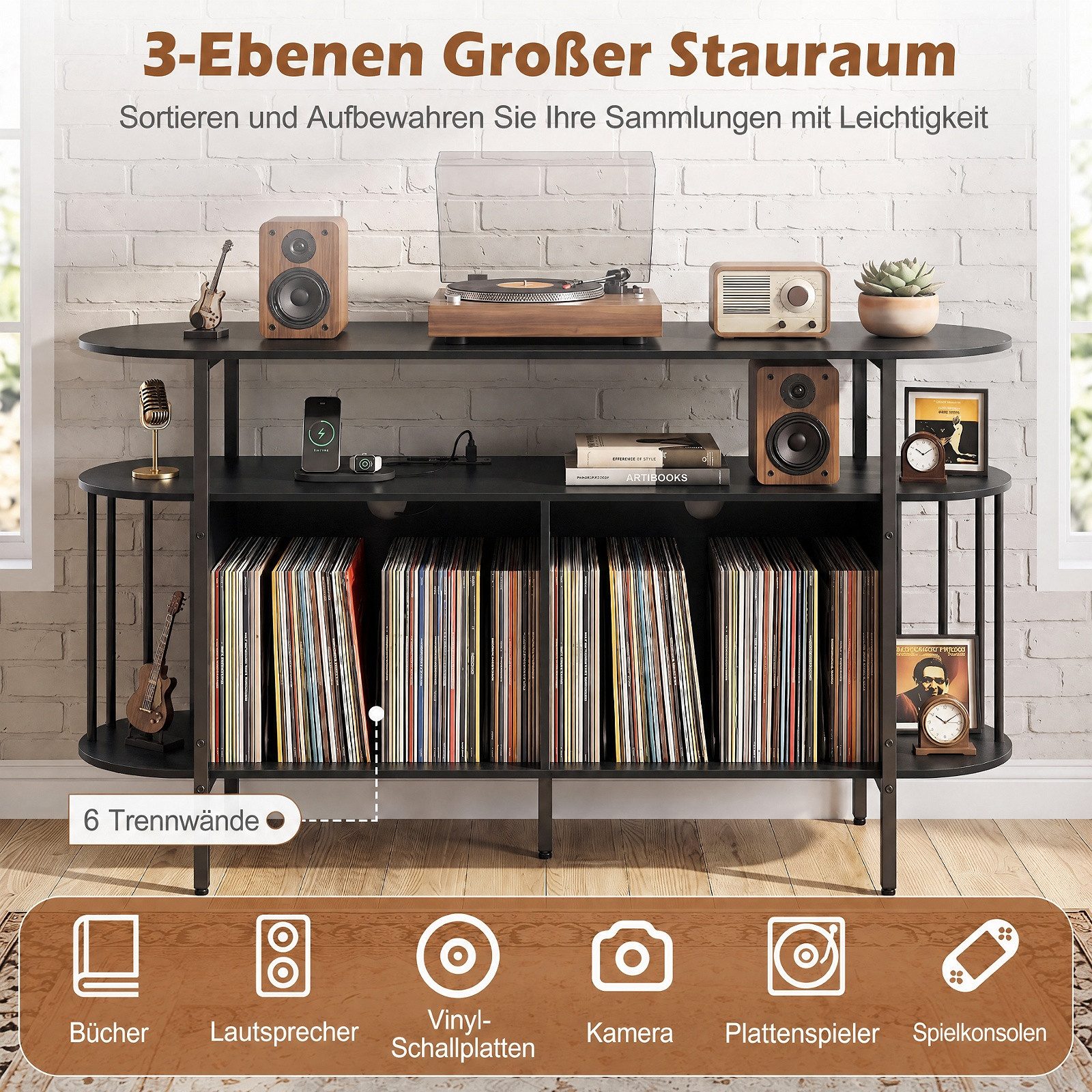 COSTWAY Sideboard Plattenspieler Regal mit Steckdose & LED, Plattenspieler-Ständer – Bild 5 von 5