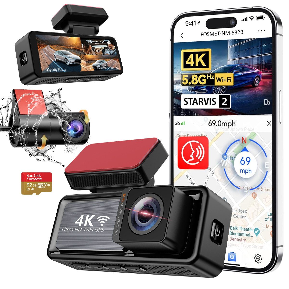 FOSMET Dashcam Auto,2 Channel 3.2" IPS-Bildschirm,mit GPS,WiFi,Auto kamera Dashcam (4K/2.5K, G-Sensor, 32GB-Karte, wasserfest, 170°Weitwinkel WDR,Loop-Aufnahme,Parküberwachung,Unterstützt 256GB Max)