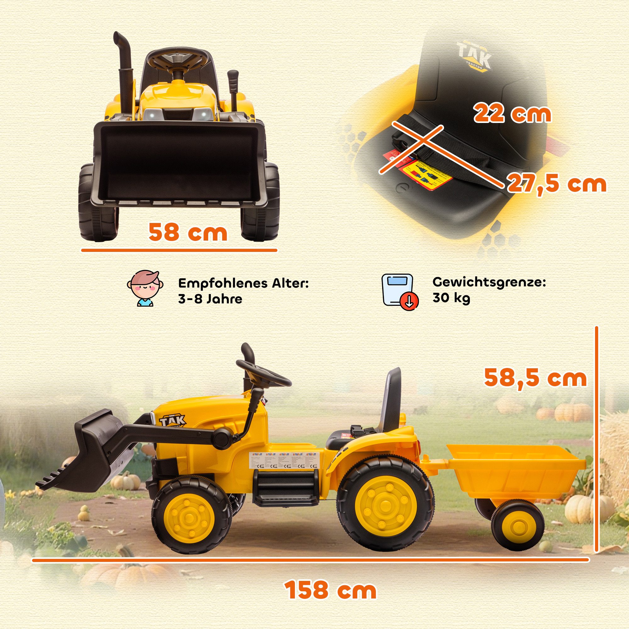AIYAPLAY Elektro-Kindertraktor Bagger mit Anhänger, Schaufel, 12V, 2 Motor, Musik, LED-Lichter, Belastbarkeit 30 kg, (1-tlg), für Kinder 3-8 Jahre, Gelb