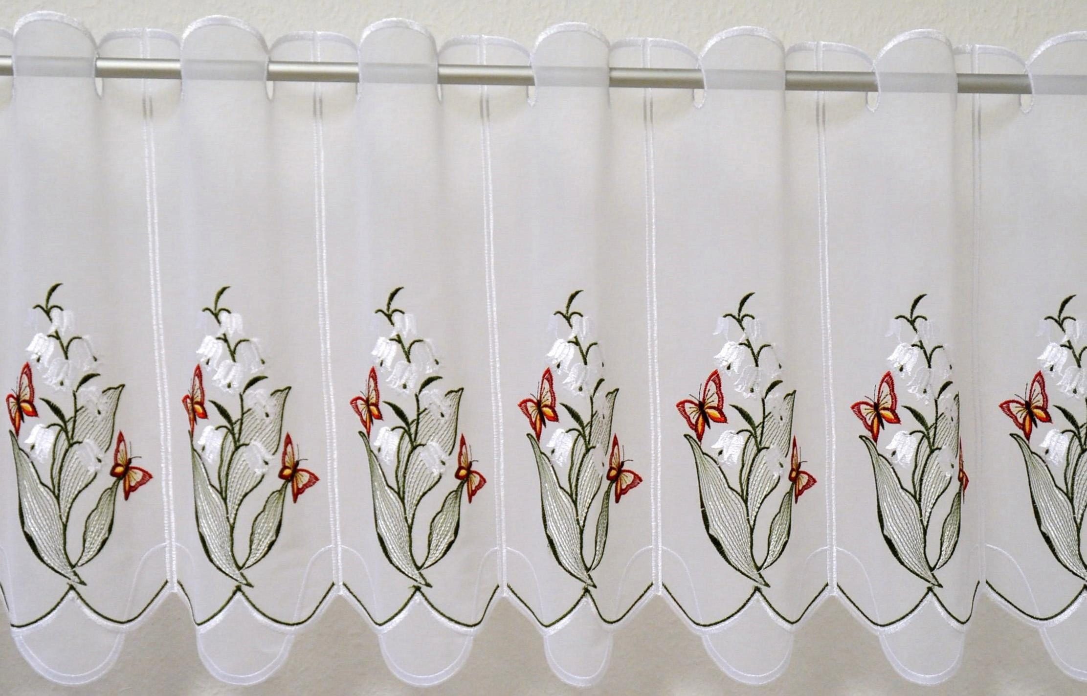 Stickereien Plauen Scheibengardine Maiglöckchen (1 St), Durchzuglöcher, transparent, Voile, veredelt mit echter Plauener Spitze Stickerei