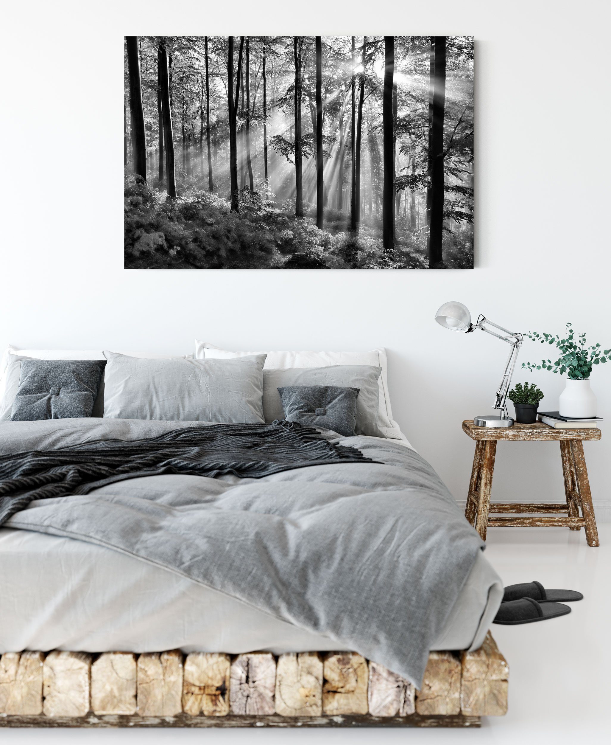 Sonnenstrahlen Wald, Zackenaufhänger (1 fertig Sonnenstrahlen Leinwandbild Leinwandbild Pixxprint Wald bespannt, St), im im inkl.