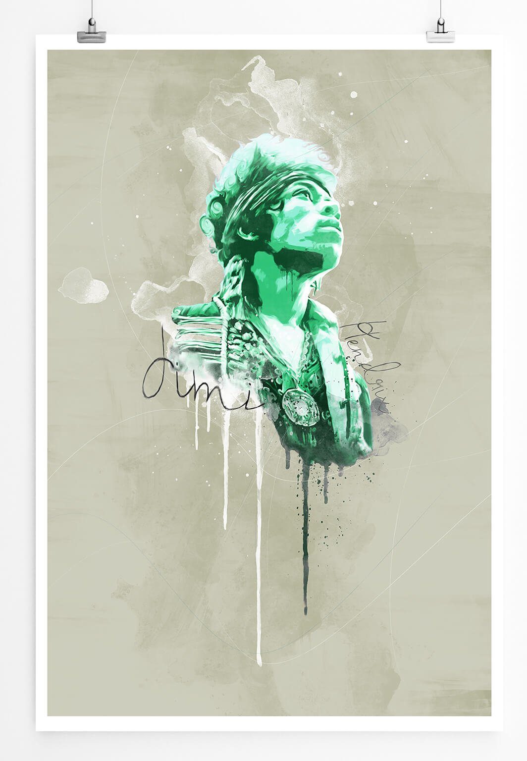 Sinus Art Leinwandbild Jimi Hendrix II 90x60cm Paul Sinus Art Splash Art Wandbild als Poster ohne Rahmen gerollt