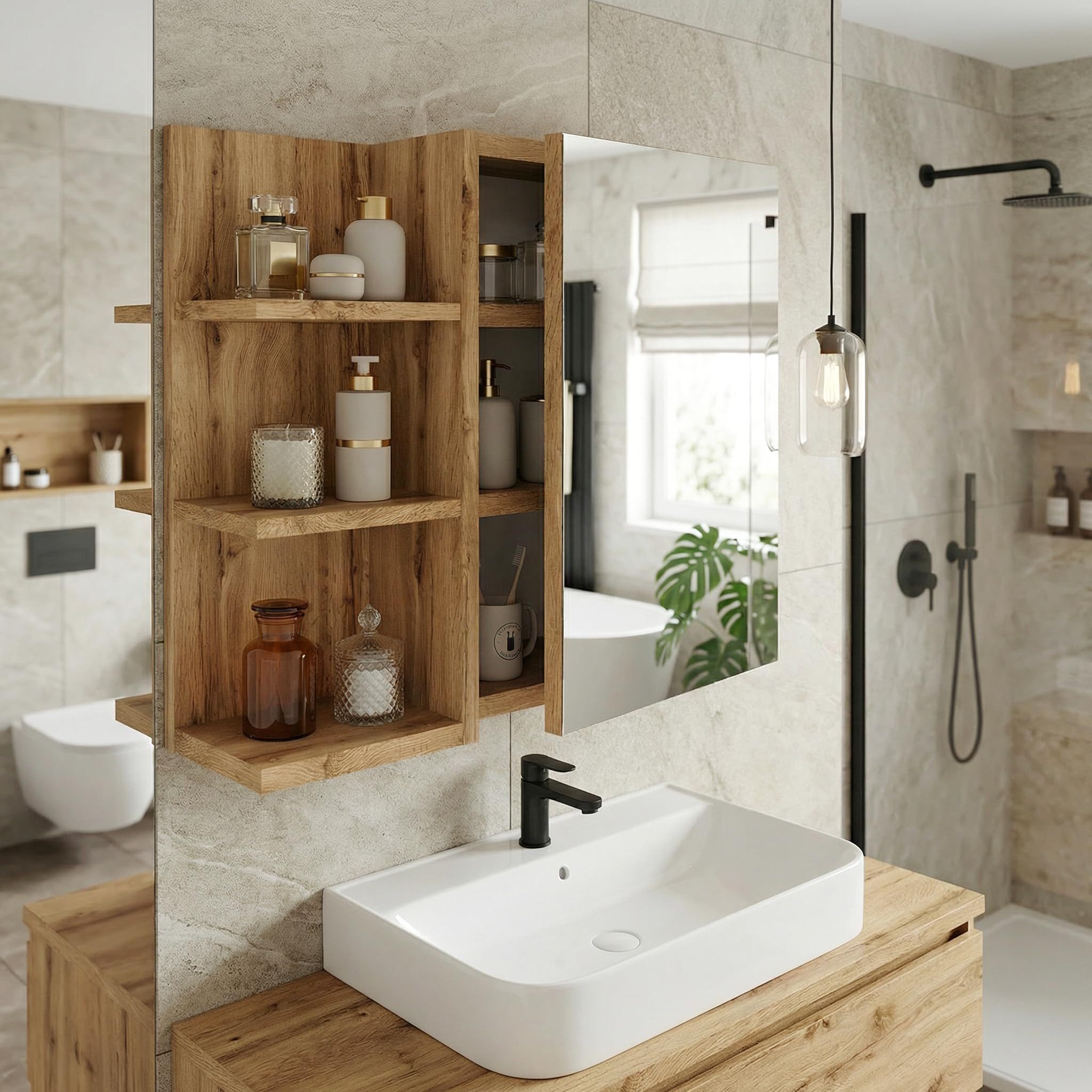 TREND WERK Spiegelschrank Badezimmer mit Ablage & Stauraum (59×16×50 cm Hängender Badezimmerschrank zur Wandmontage mit Regal) – modern & pflegeleicht – Bild 4 von 5