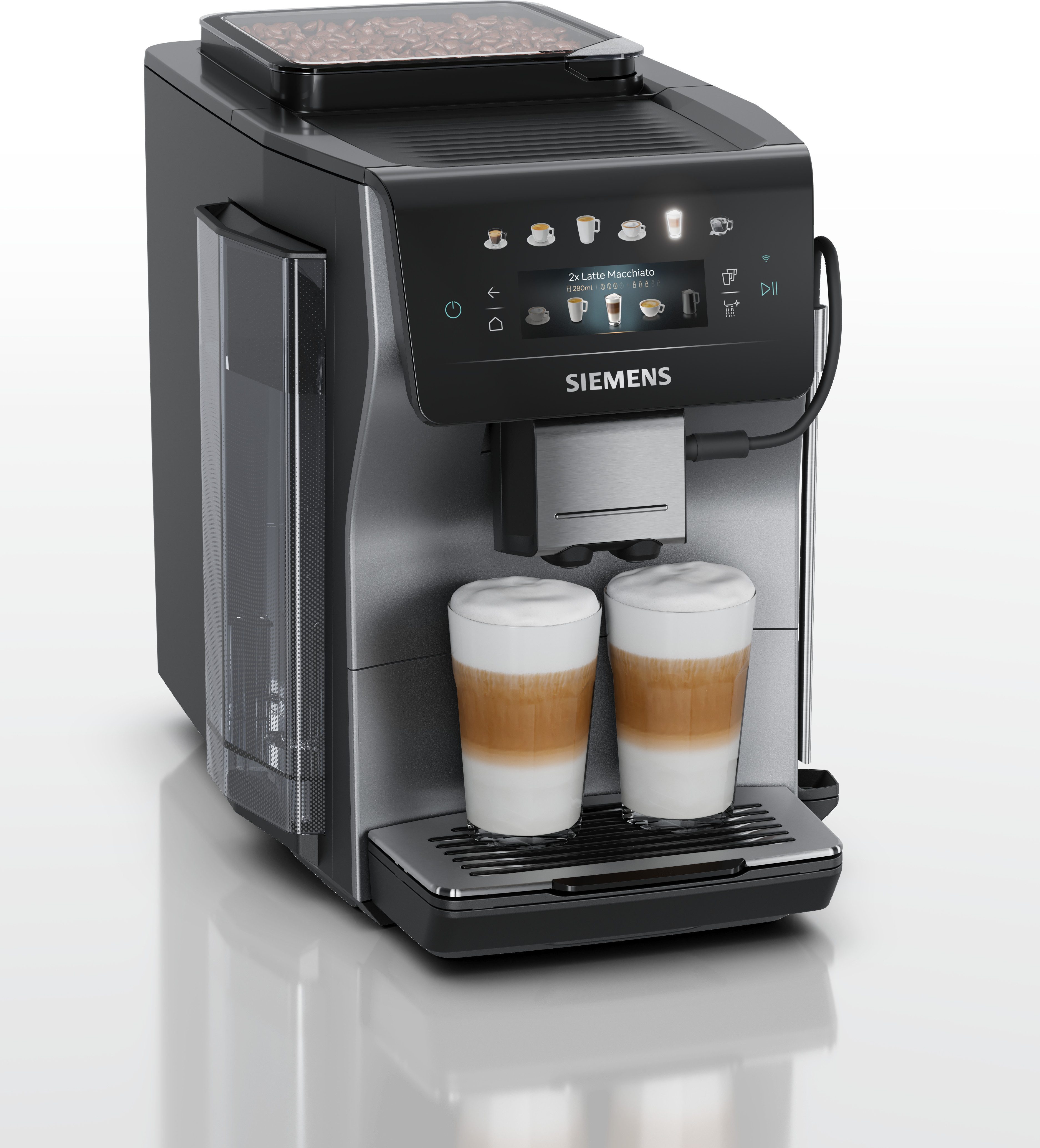 SIEMENS Kaffeevollautomat EQ600 TP603E07, 6 Getränke, XL-Getränke, bis zu 480ml, Keramikmahlwerk, Doppeltassenfunktion, Kannenfunktion, entnehmbare Brüheinheit, Silber