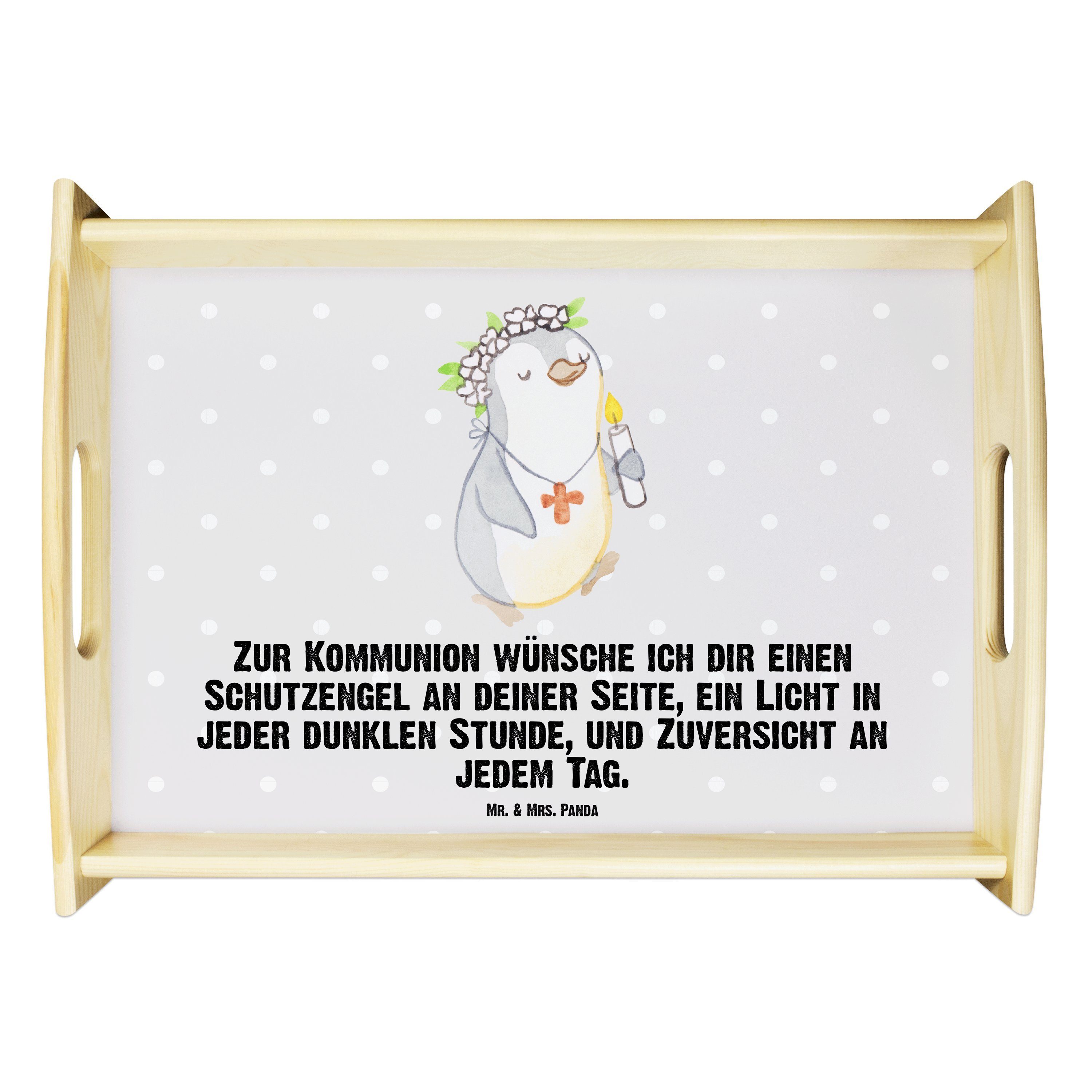 Mr. & Mrs. Panda Tablett Pinguin Kommunion Mädchen - Grau Pastell - Geschenk, Küchentablett, K, Echtholz lasiert, (1-tlg)