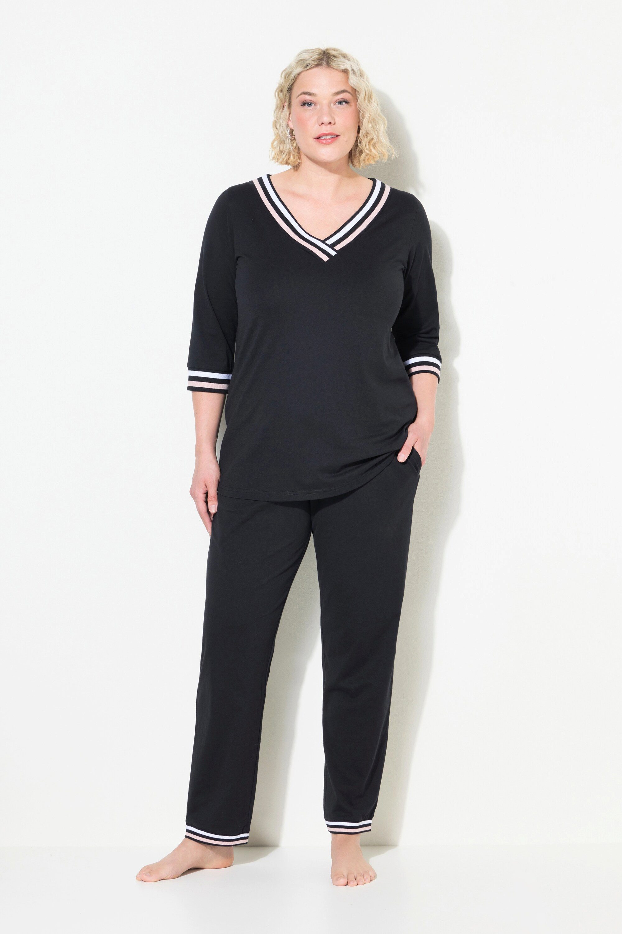 Ulla Popken Pyjama Pyjama Streifendetails V-Ausschnitt 3/4-Arm günstig online kaufen