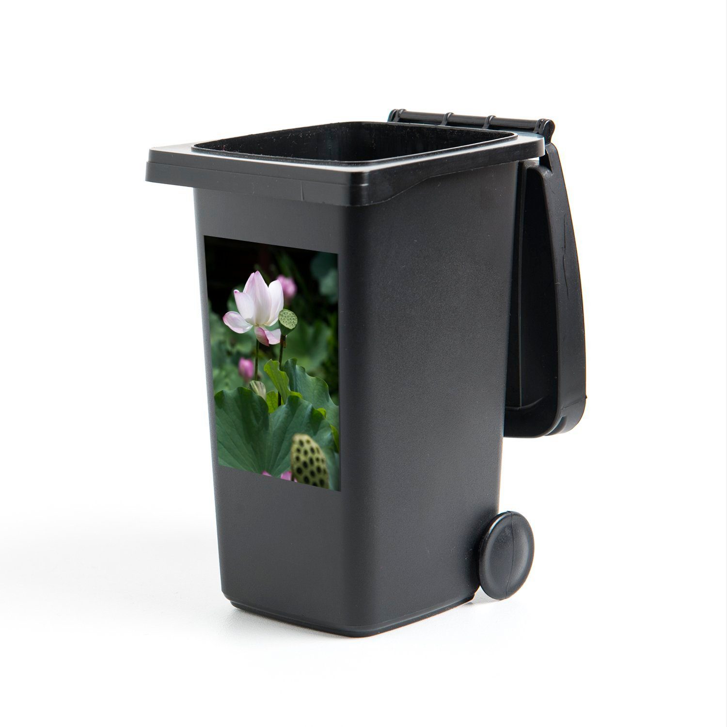 Mülltonne, Abfalbehälter Blumen Mülleimer-aufkleber, Sticker, MuchoWow anderen zwischen Wandsticker St), (1 Weißer Container, Lotos