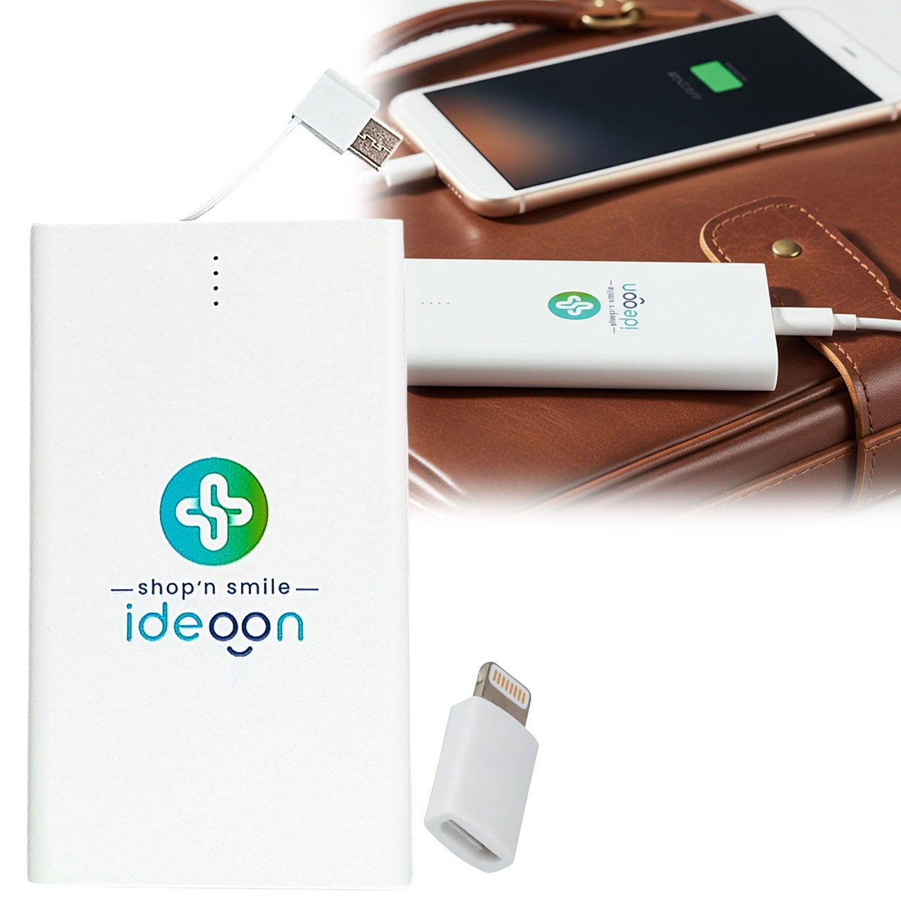 shop'n smile ideoon USB-C Mobiler Akku-Booster 4.000mAh Kabel & Lightning Adapter slim Powerbank 4000 mAh, 4000 mAh, ultra-slim, USB-C Ein-/Ausgang & integriertes Ladekabel