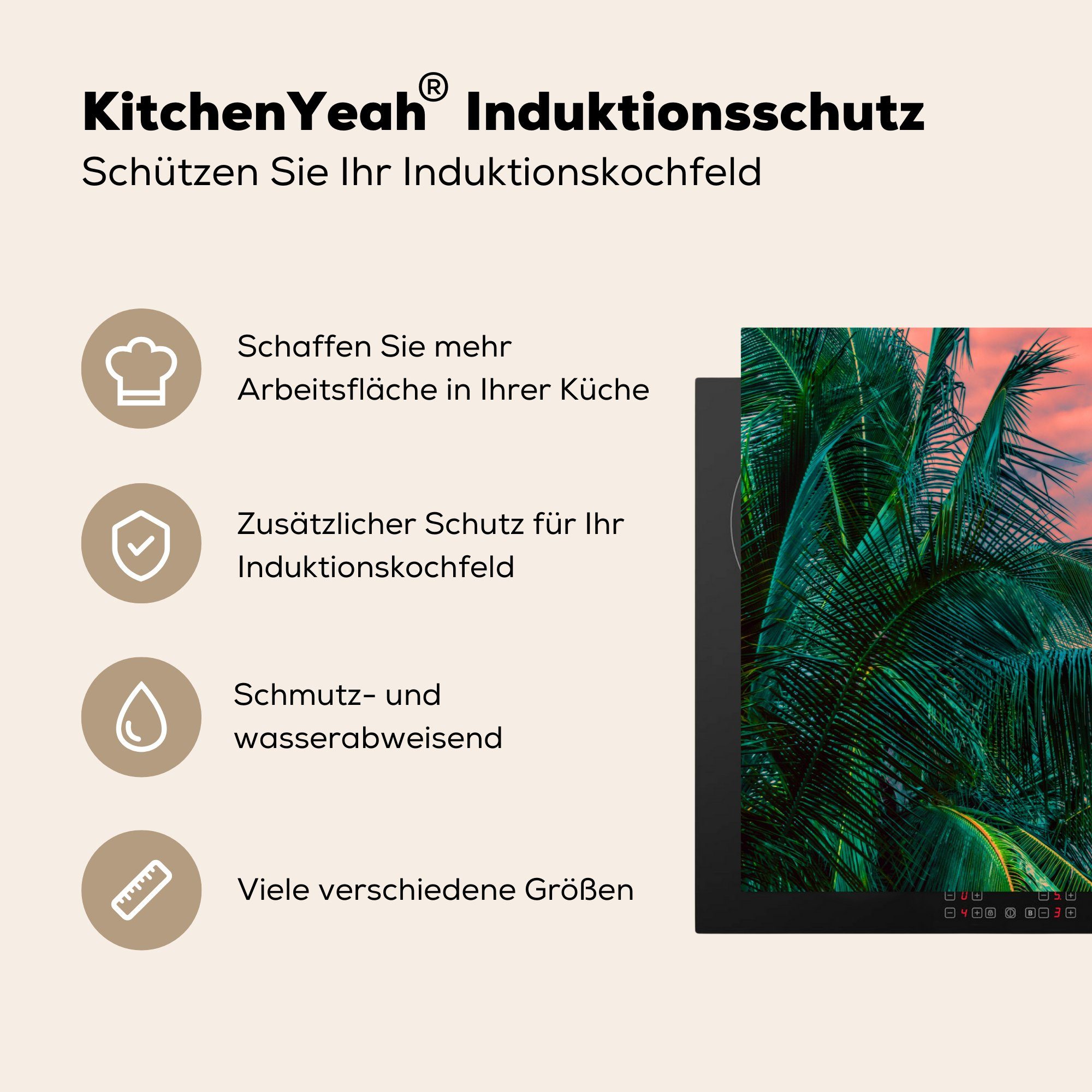 - Vinyl, Herdblende-/Abdeckplatte Palme Schutz die cm, 81x52 - Tropisch küche, Dschungel, Ceranfeldabdeckung tlg), MuchoWow für Induktionskochfeld (1