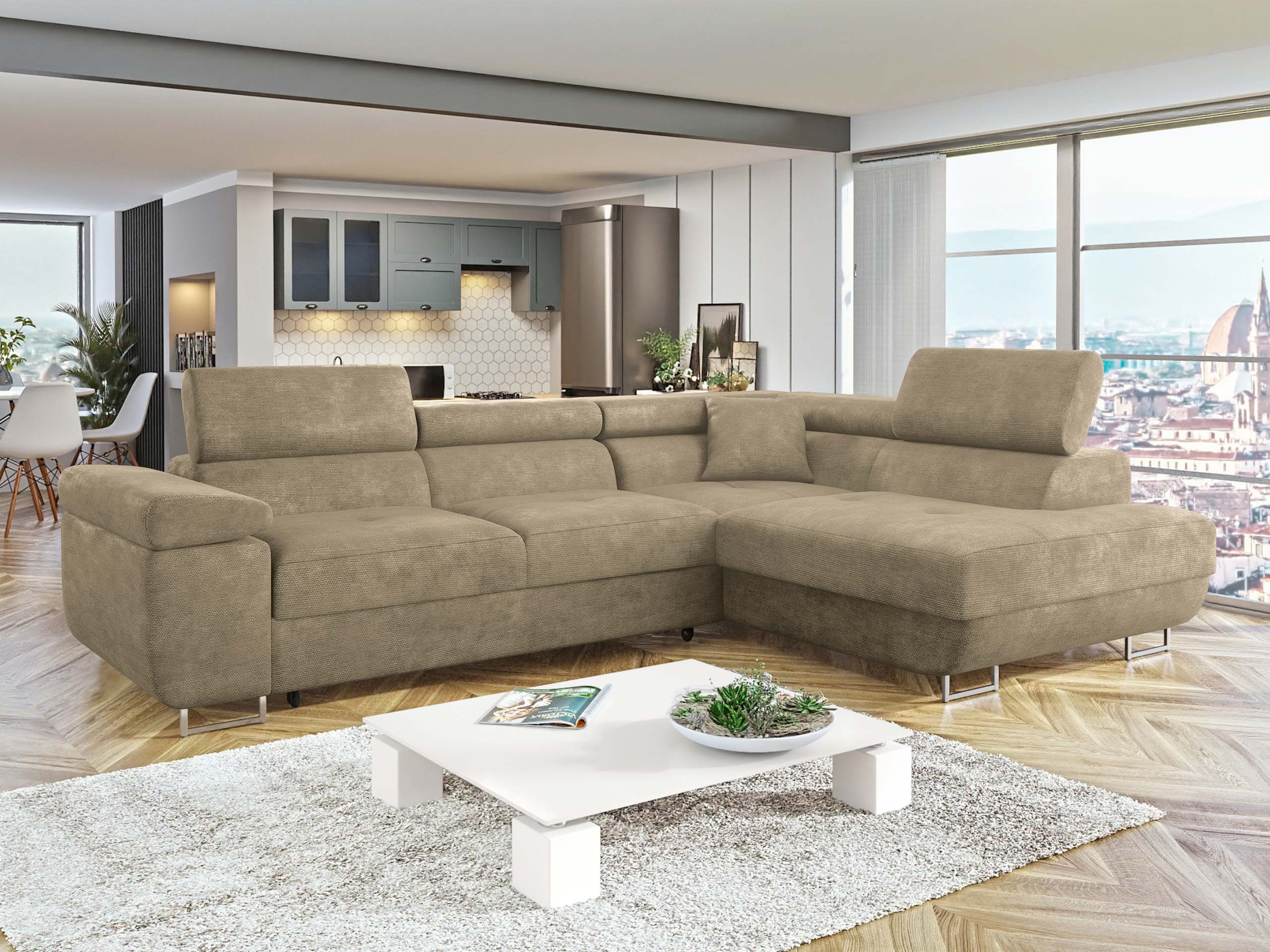 MIRJAN24 Ecksofa Torezio, mit Bettkasten und Schlaffunktion, Einstellbare Kopfstützen, 274x203x70-90 cm