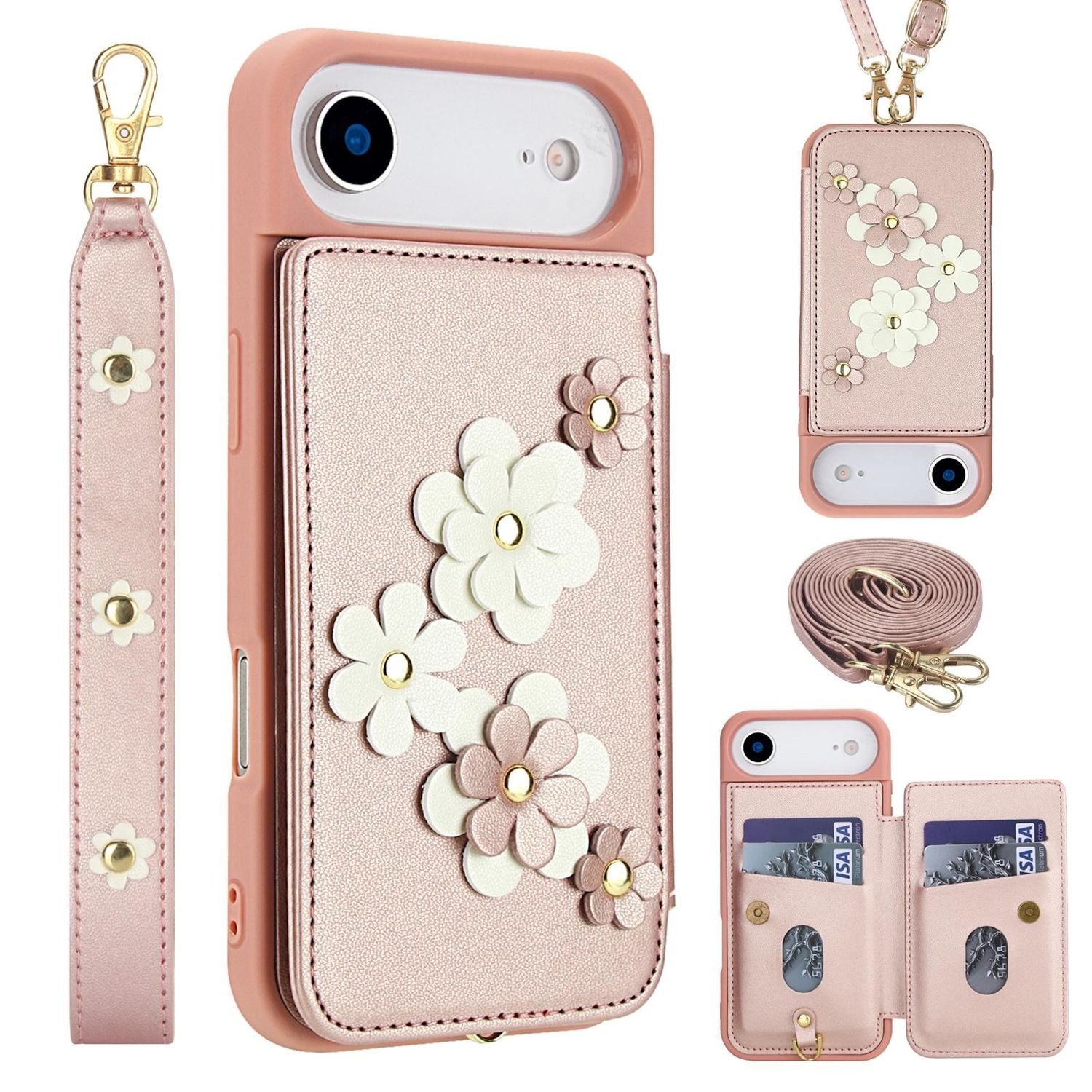 Wigento Handyhülle Für Apple iPhone 17 Air Crossbody Kunstleder Blumen Hülle Rose Gold, Mit Kartenfächern, Gurt, Kickstand-Funktion