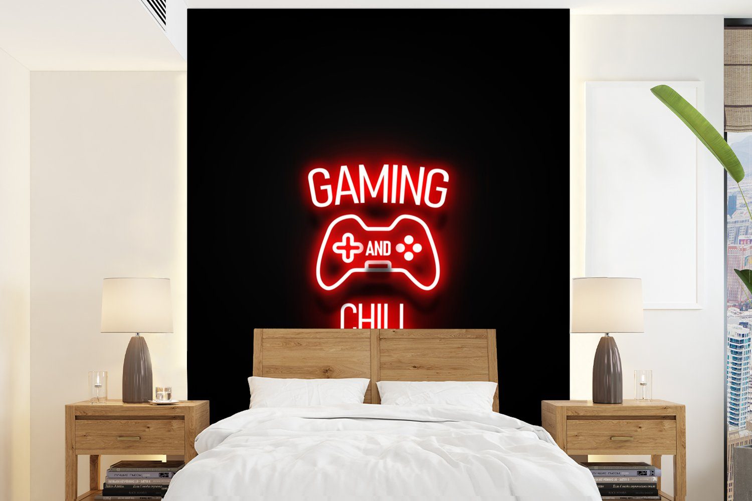 Rot, St), Montagefertig Fototapete Zitate und Gaming MuchoWow Matt, Wandtapete für bedruckt, Tapete - Wohnzimmer, Vinyl - Chillen (4 Gaming - Neon -