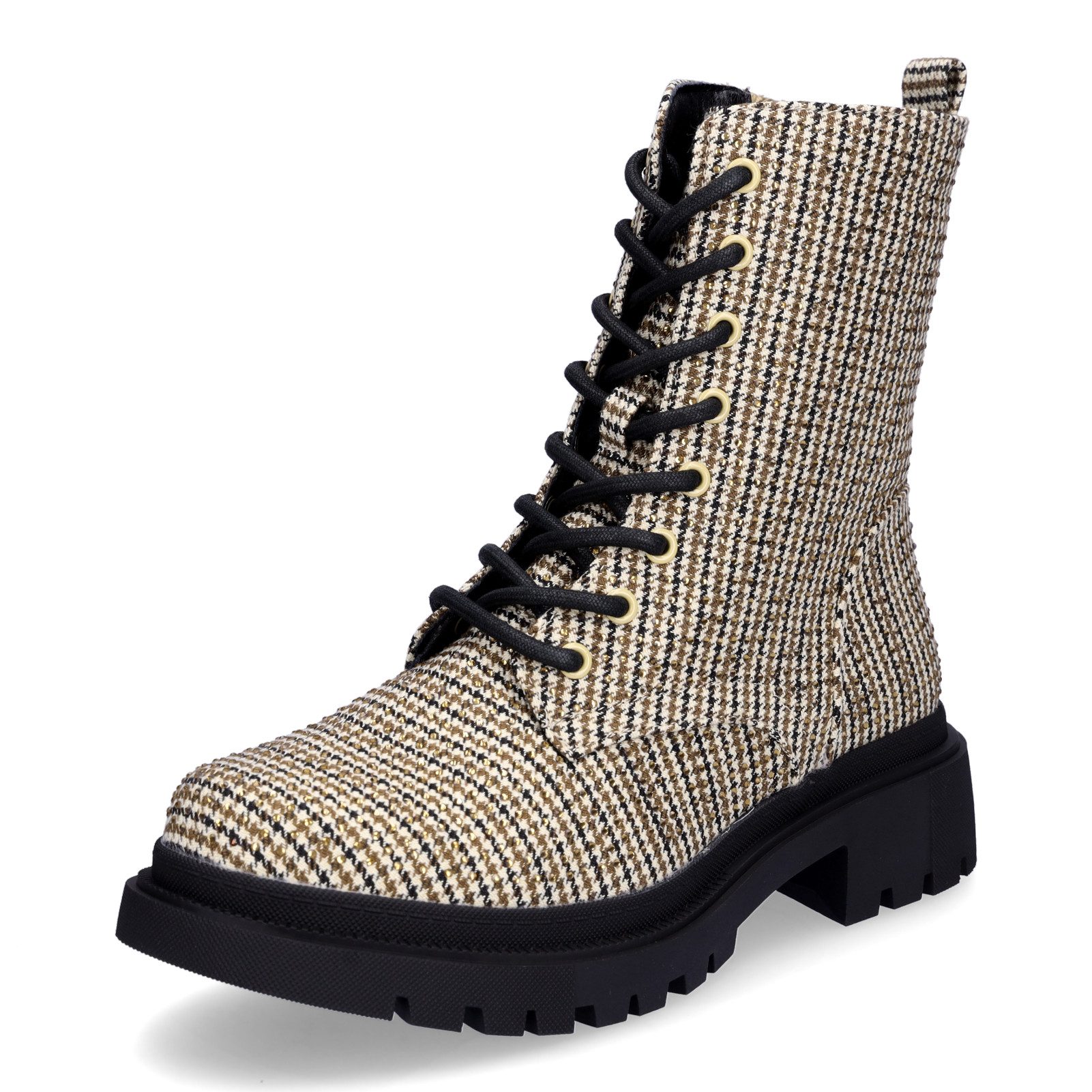 MIDS MABEL Damen Schnürboots beige mit Hahnentrittmuster und Strasssteinchen