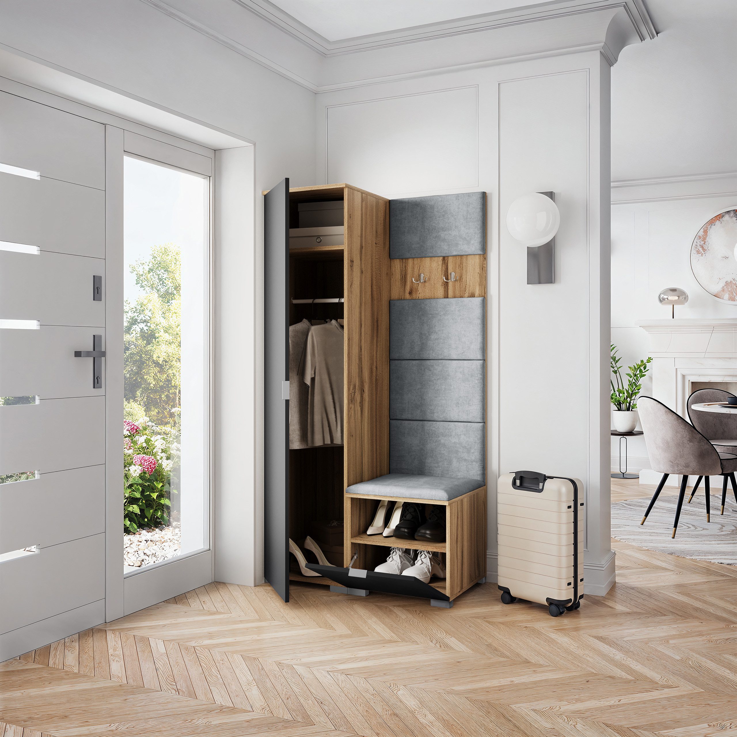 Masseno Garderobenschrank LORI 95 x 181 cm Garderoben-Set mit 1 Tür Eiche Wotan