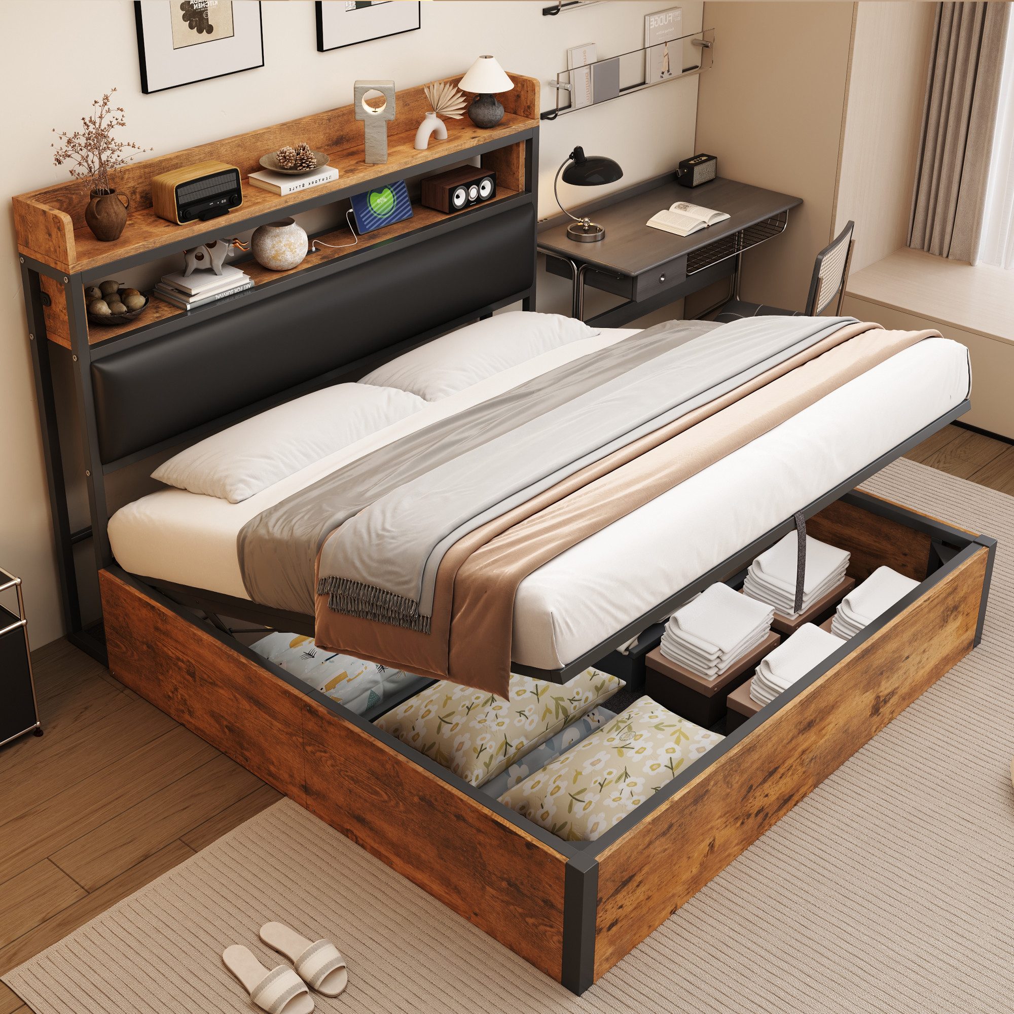 Flieks Holzbett, Hydraulisches Stauraumbett Metallbett Doppelbett 180x200cm günstig online kaufen