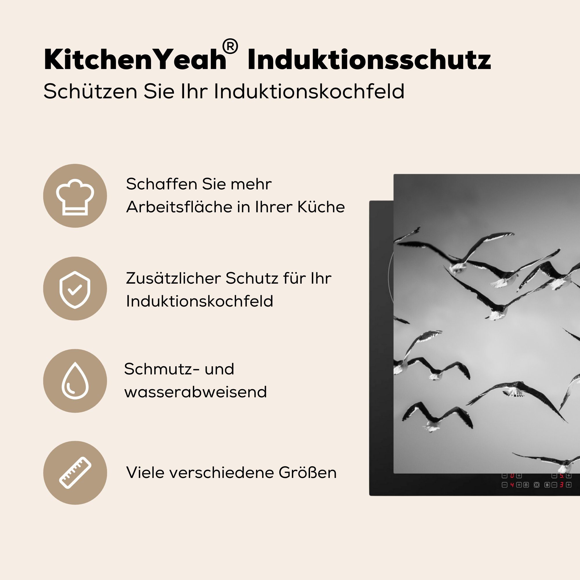 einer Arbeitsplatte (1 Ceranfeldabdeckung, Herdblende-/Abdeckplatte MuchoWow Gruppe für 83x51 von fliegenden Vinyl, tlg), Schwarz-Weiß-Fotografie küche cm, Seemöwen,