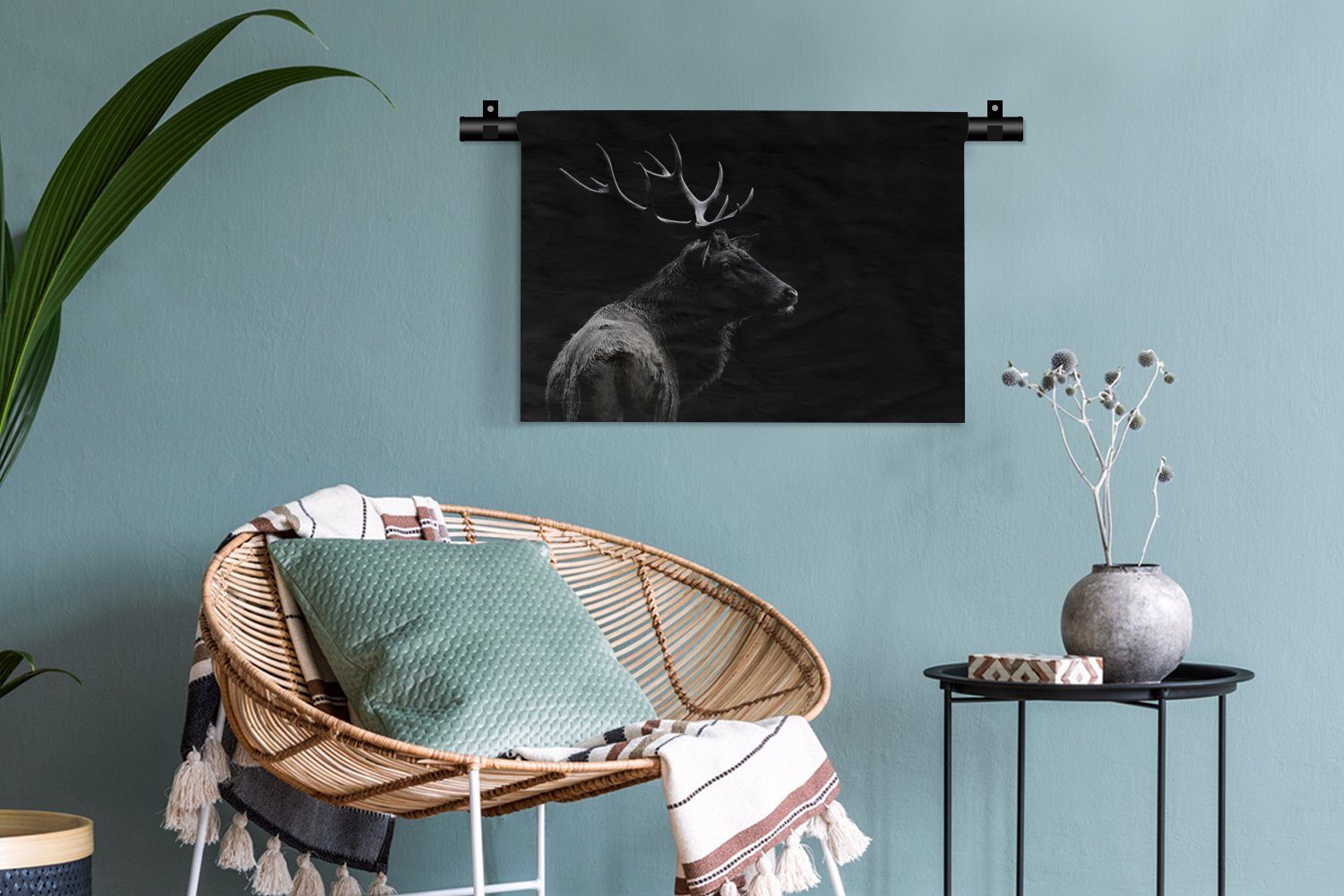 MuchoWow Wanddekoobjekt Schlafzimmer, Kinderzimmer Tiere, - Wohnzimmer, - Wanddeko für Hirsch - - Porträt Wandbehang, Kleid, Geweih Schwarz