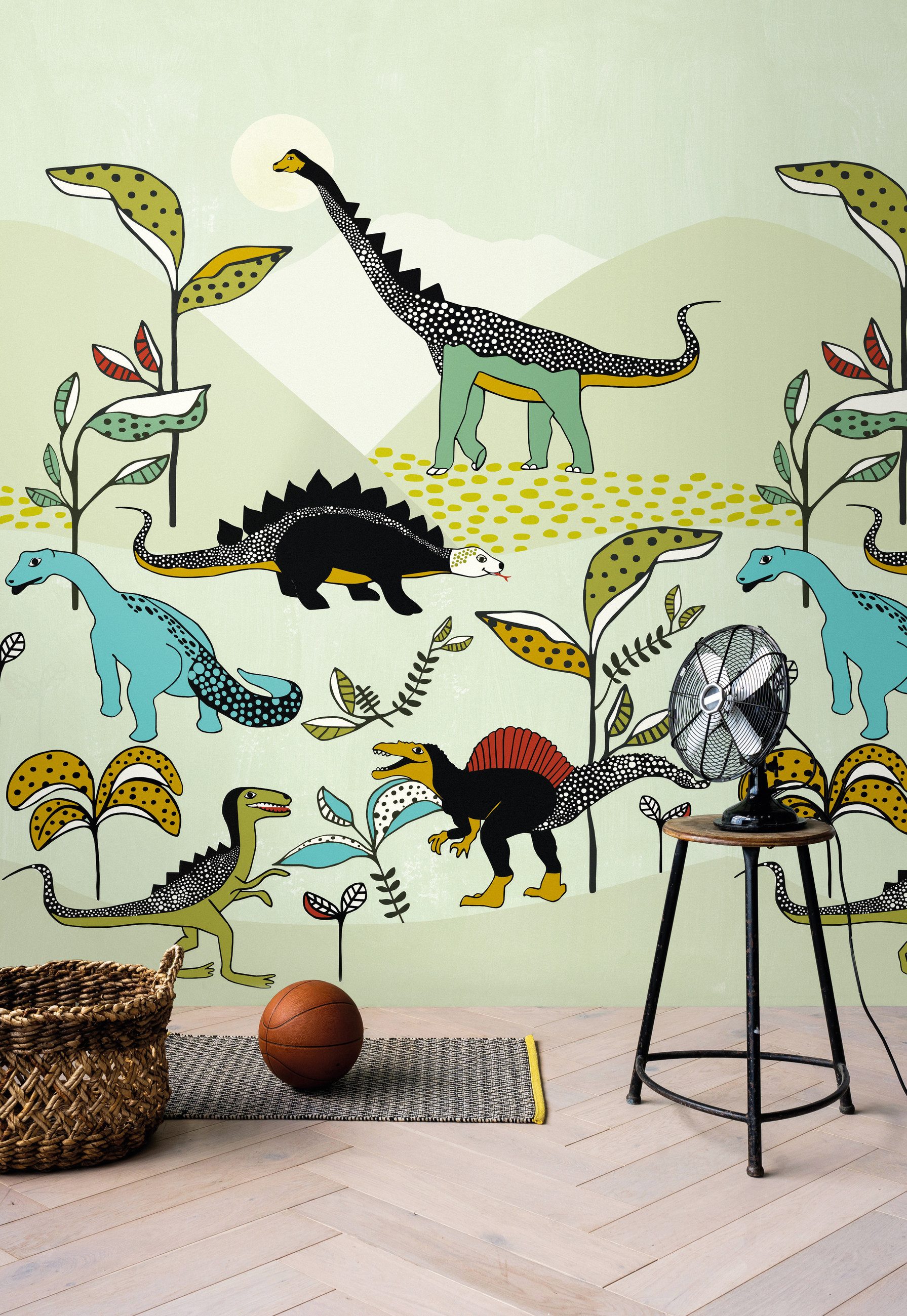 Rasch Fototapete Kinderzimmer Dinosaurier in Grün - 2,8m x 2,0m, strukturiert, Comic, (1 St), Dinos