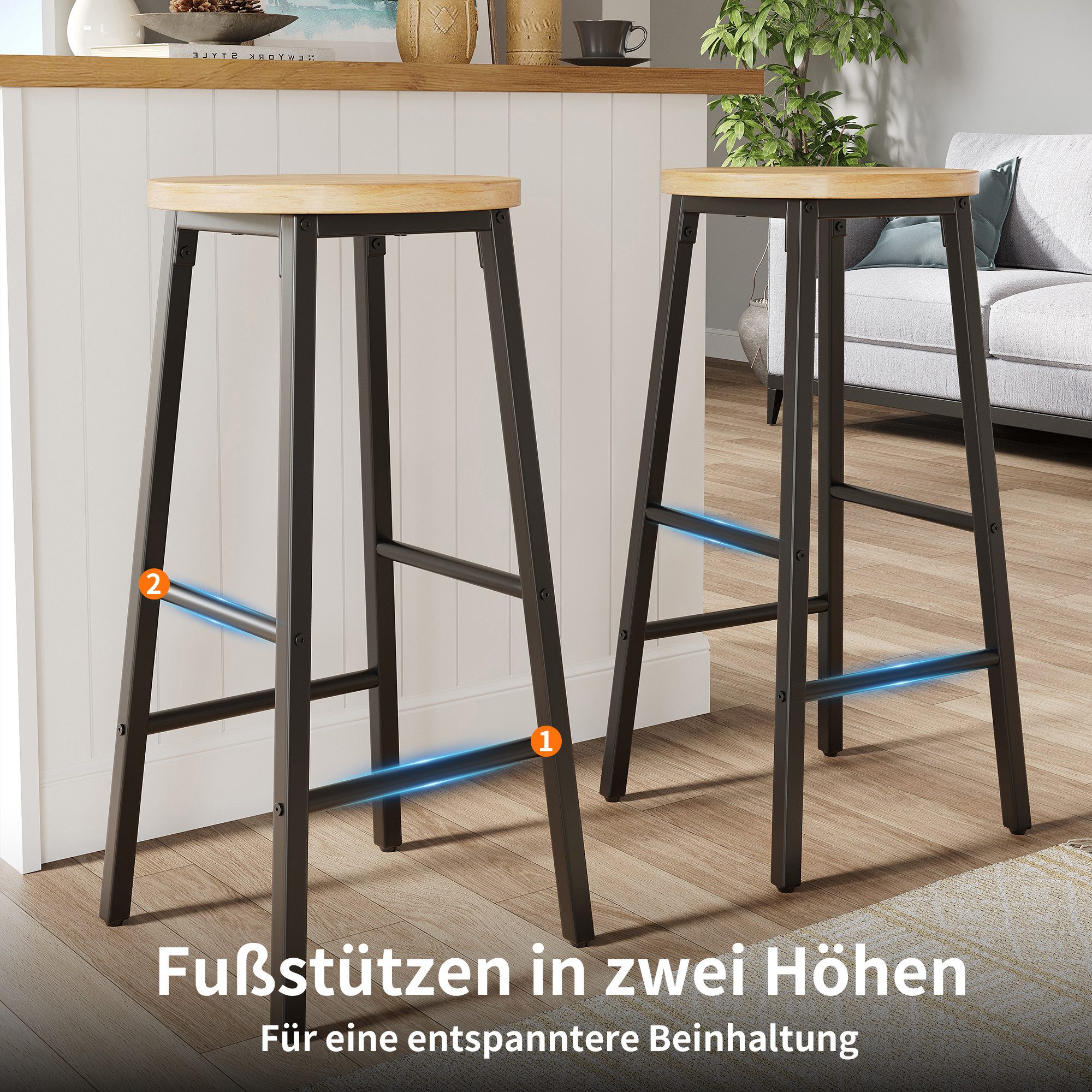i@home Barhocker Barhocker 2er-Set Holzoptik (Tresenhocker Küchenhocker mit Fußstütze, 2 St., 63 cm, Metallgestell), moderner Barstuhl für Küche & Bar