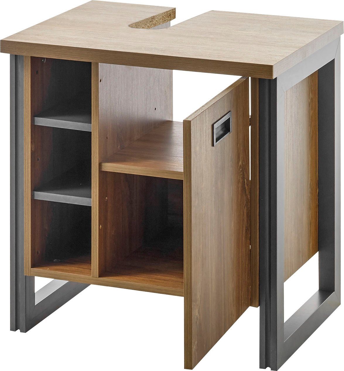 Home affaire Waschbeckenunterschrank Detroit, Waschtisch mit Apothekergriff, Badschrank im Industrialdesign Eiche Dekor, mit offenen Fächern & Stauraum, Breite  – Bild 4 von 5