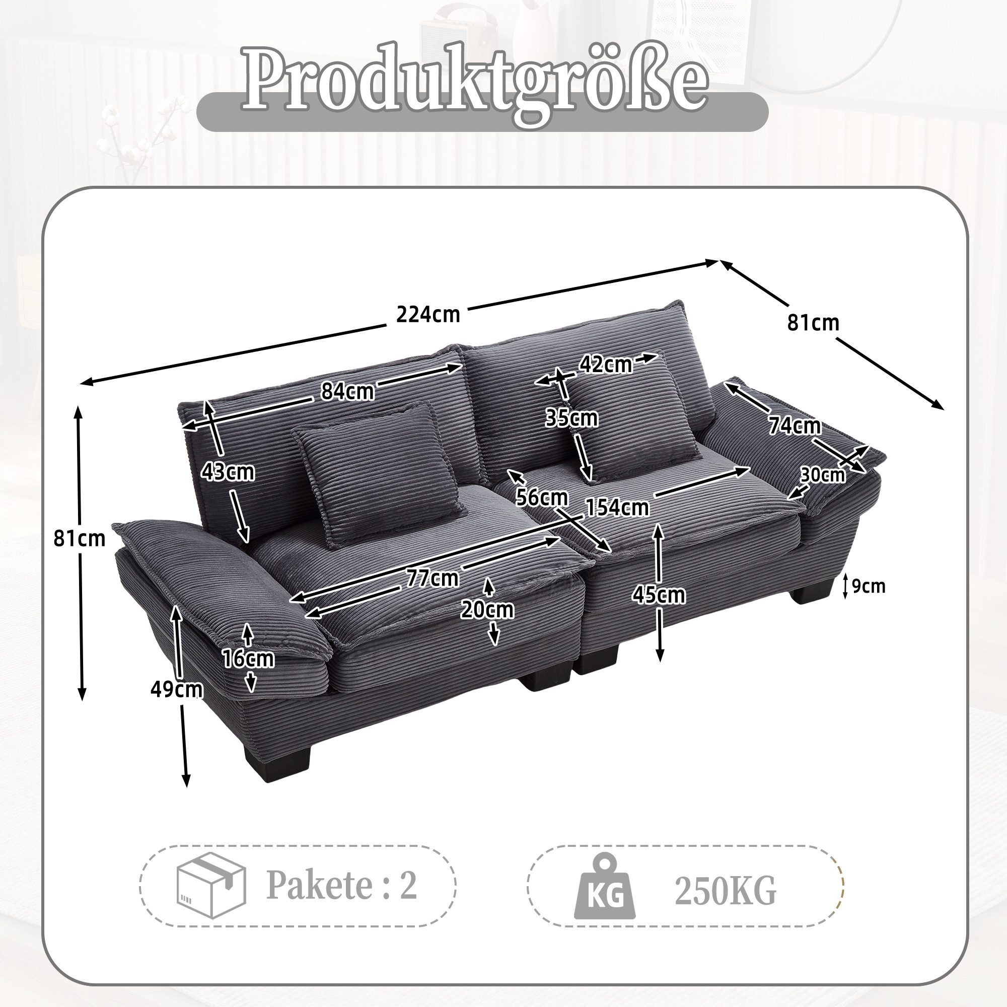KLAM HOME Sofa 2-Sitzer Doppelsofa Loungesofa aus Cordstoff mit Relaxfunktion, Stabiler Holzrahmen, Weich, Bequem, Funktional & Platzsparend, ideal für Wohnzimmer & Schlafzimmer & Büro