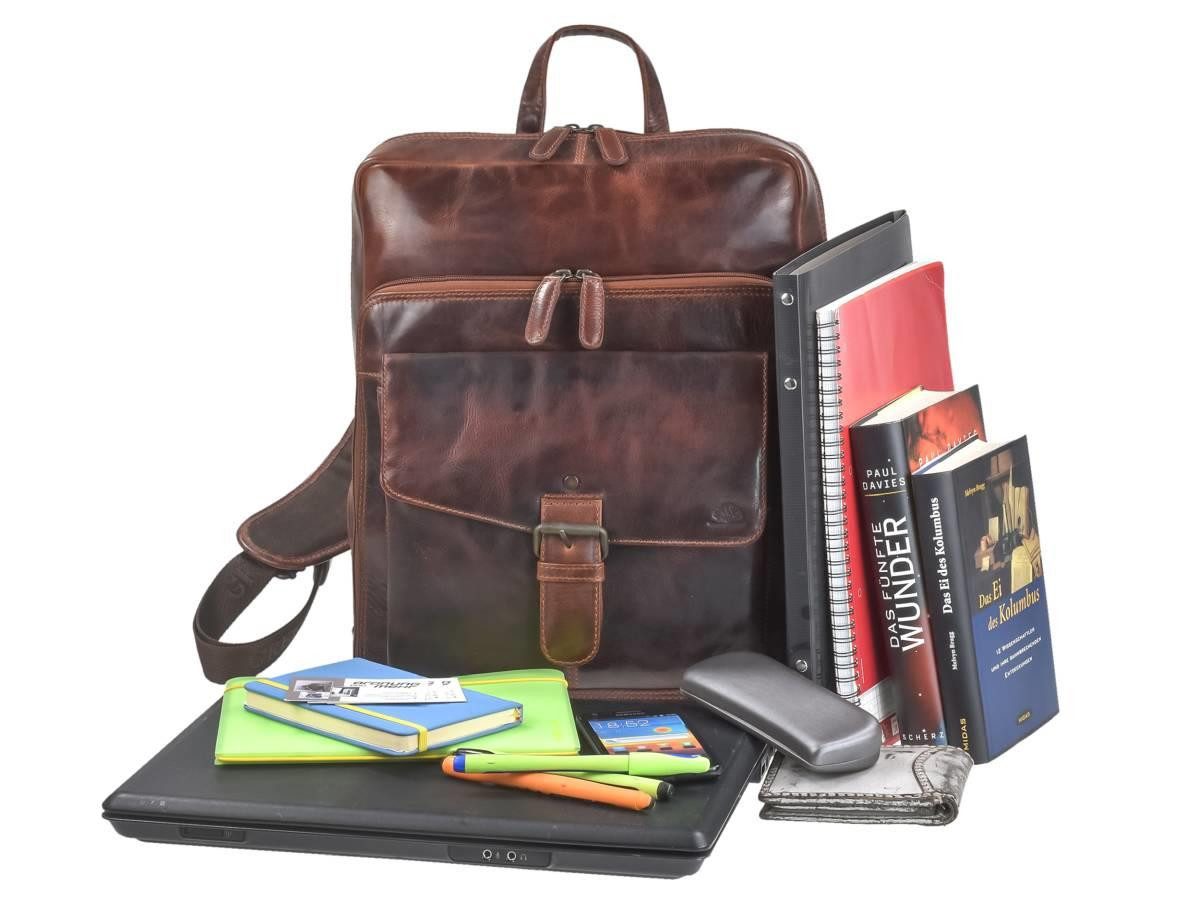 Greenburry Notebookrucksack "Rugged" Leder 30x39cm teak braun, Rucksack, Freizeitrucksack, Leder, Business mit Notebookfach