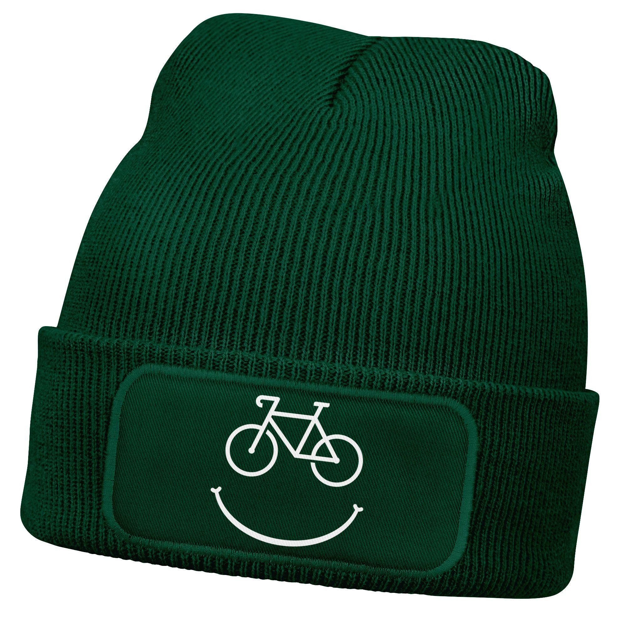 Beanie Herren Beanie mit Patch Strickmütze mit Spruch Aufdruck Fahrrad Smile
