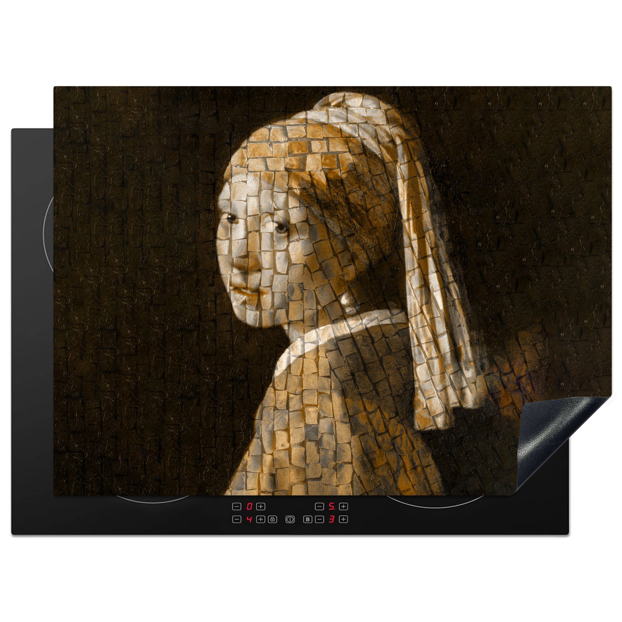 MuchoWow Herdblende-/Abdeckplatte Mädchen mit Perlenohrring - Gemälde - Mosaik, Vinyl, (1 tlg), 71x52 cm, Induktionskochfeld Schutz für die küche, Ceranfeldabdeckung