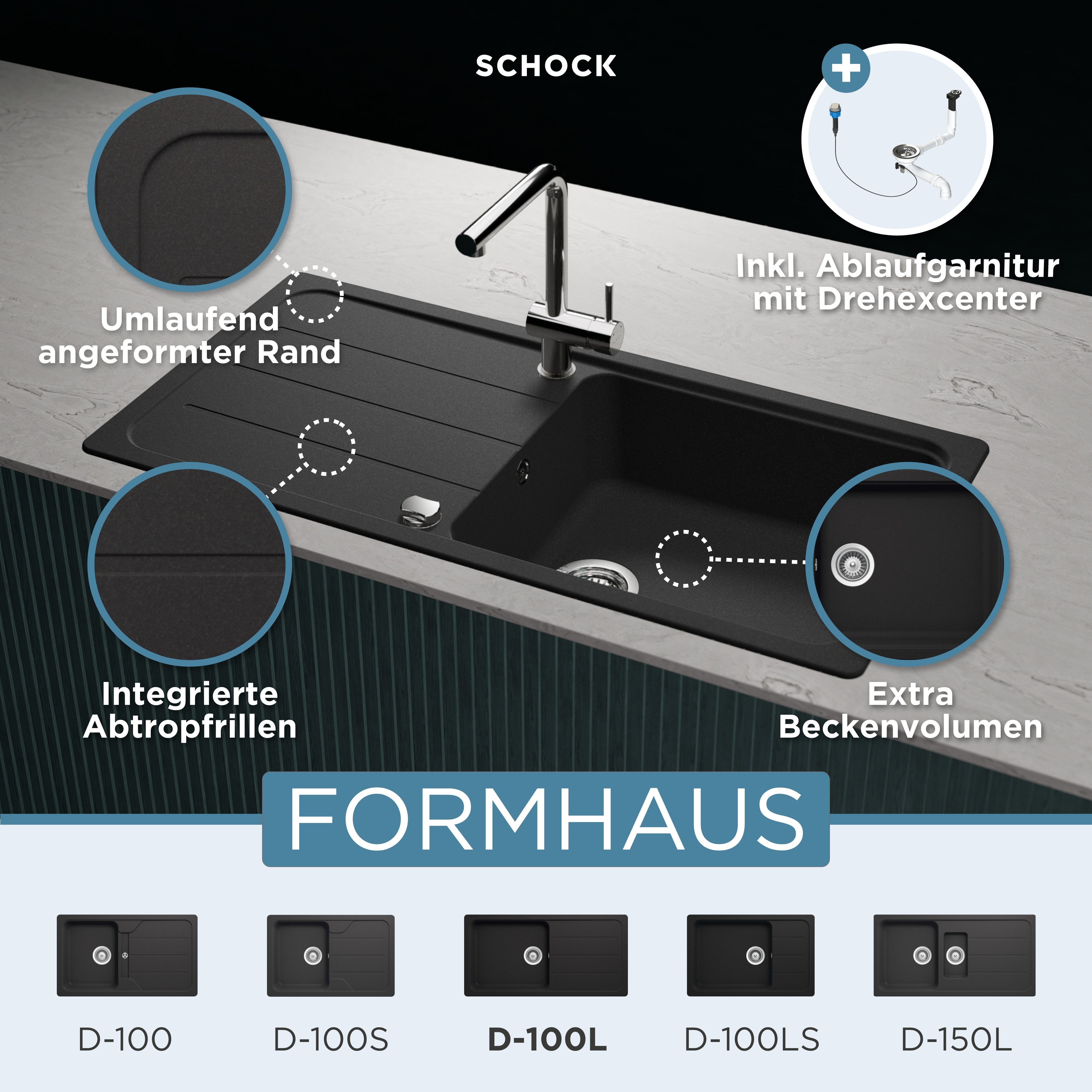 Schock granite sink COMO D-100L, square, 100/50 cm, remote drain control, including drain and overflow fitting, rotary hex center, diamond drill bit
