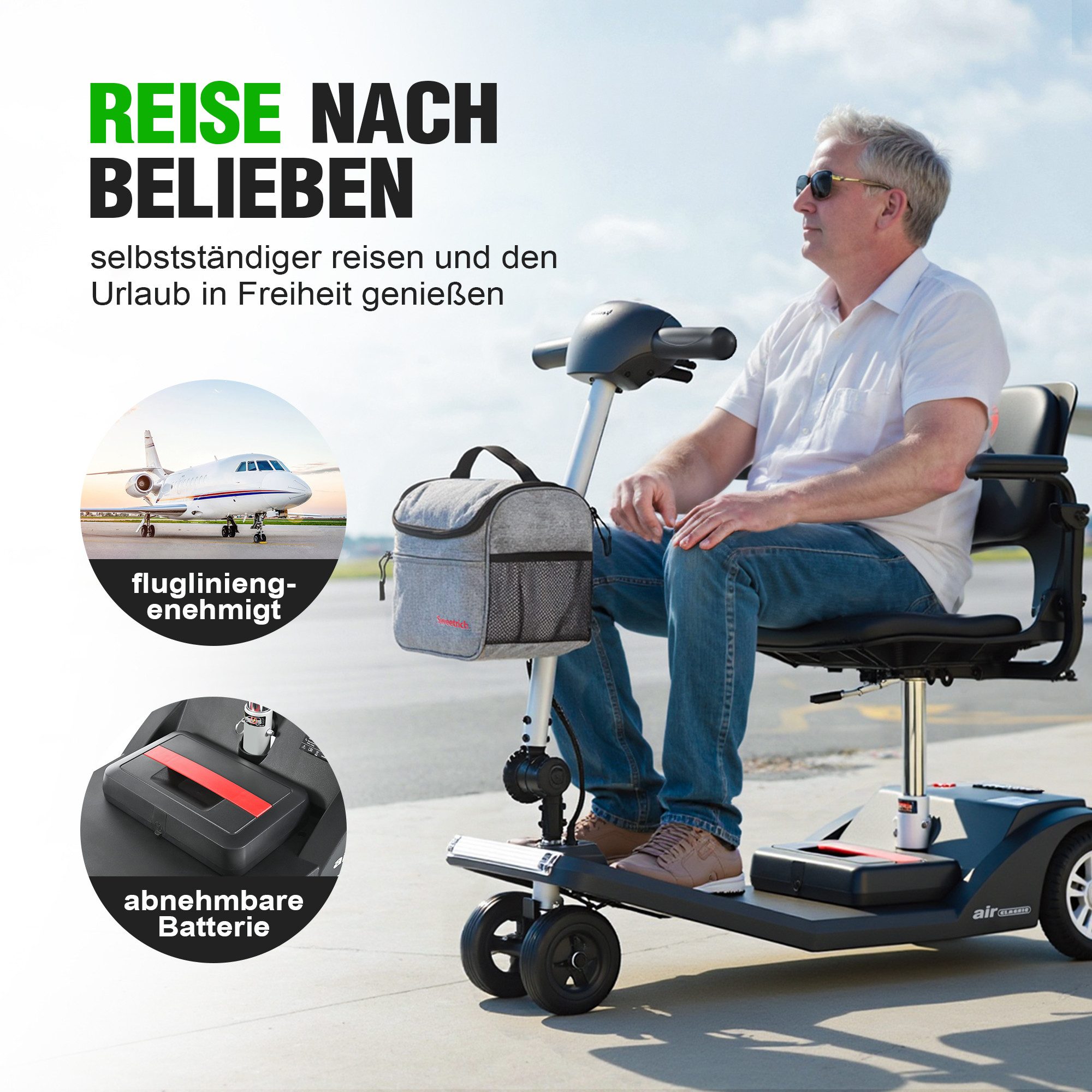 kowdom Elektromobil Elektromobil Senioren 6km/h 16km Lithium Alu faltbar USB 120kg, 250 W, (Einzelgerät, Einzelgerät), faltbar, flugzeugtauglich, Alu-Rahmen, 360° Sitz, USB, Anti-tip