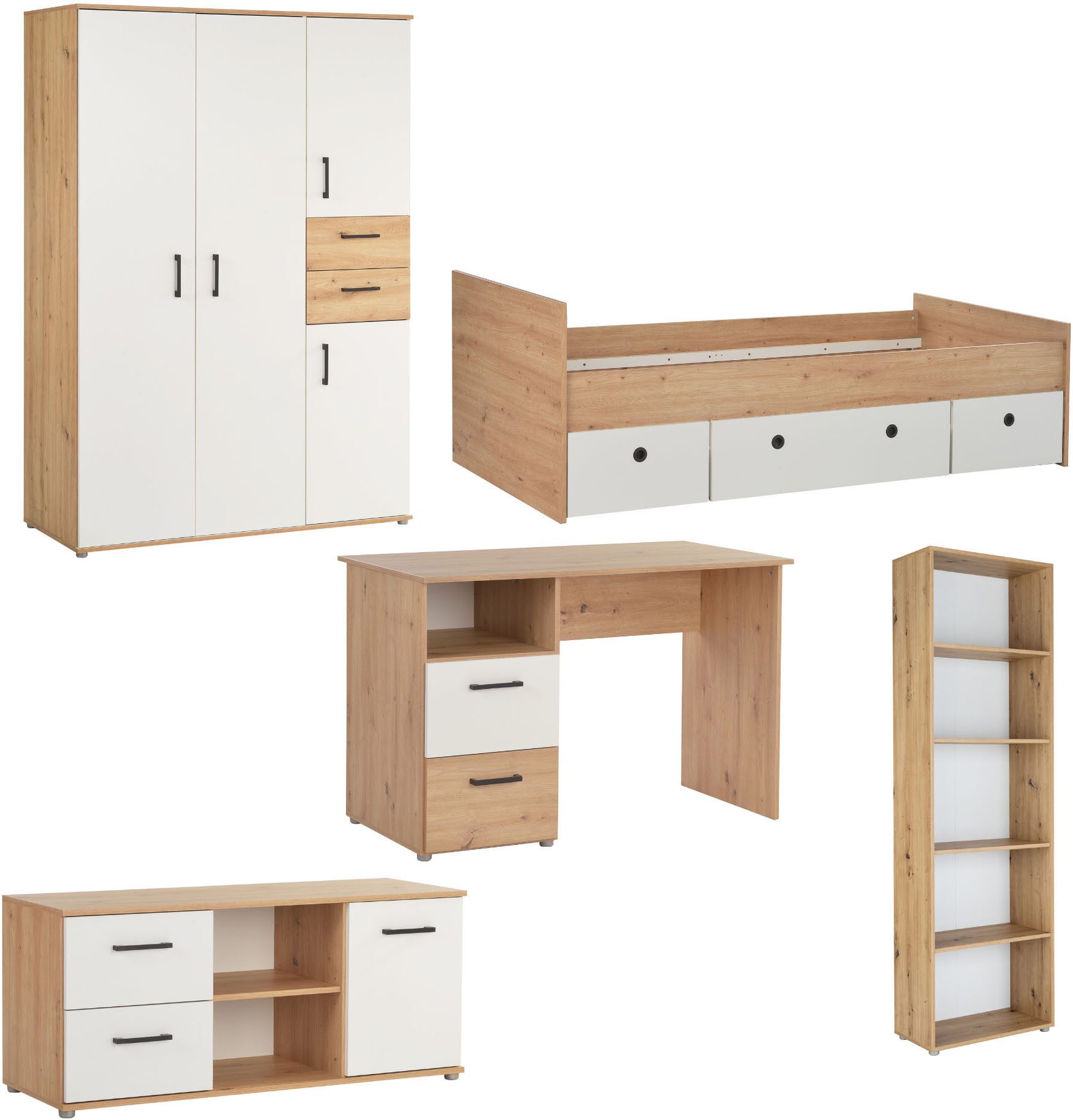 arthur berndt Jugendzimmer-Set Jugendzimmer-Set »Bente« 5-teilig, (5-tlg., 5tlg -Schrank, Bett, Schreibtisch, Sideboard, Standregal), Stauraumstark, pflegeleicht, zeitlos, Made in Germany
