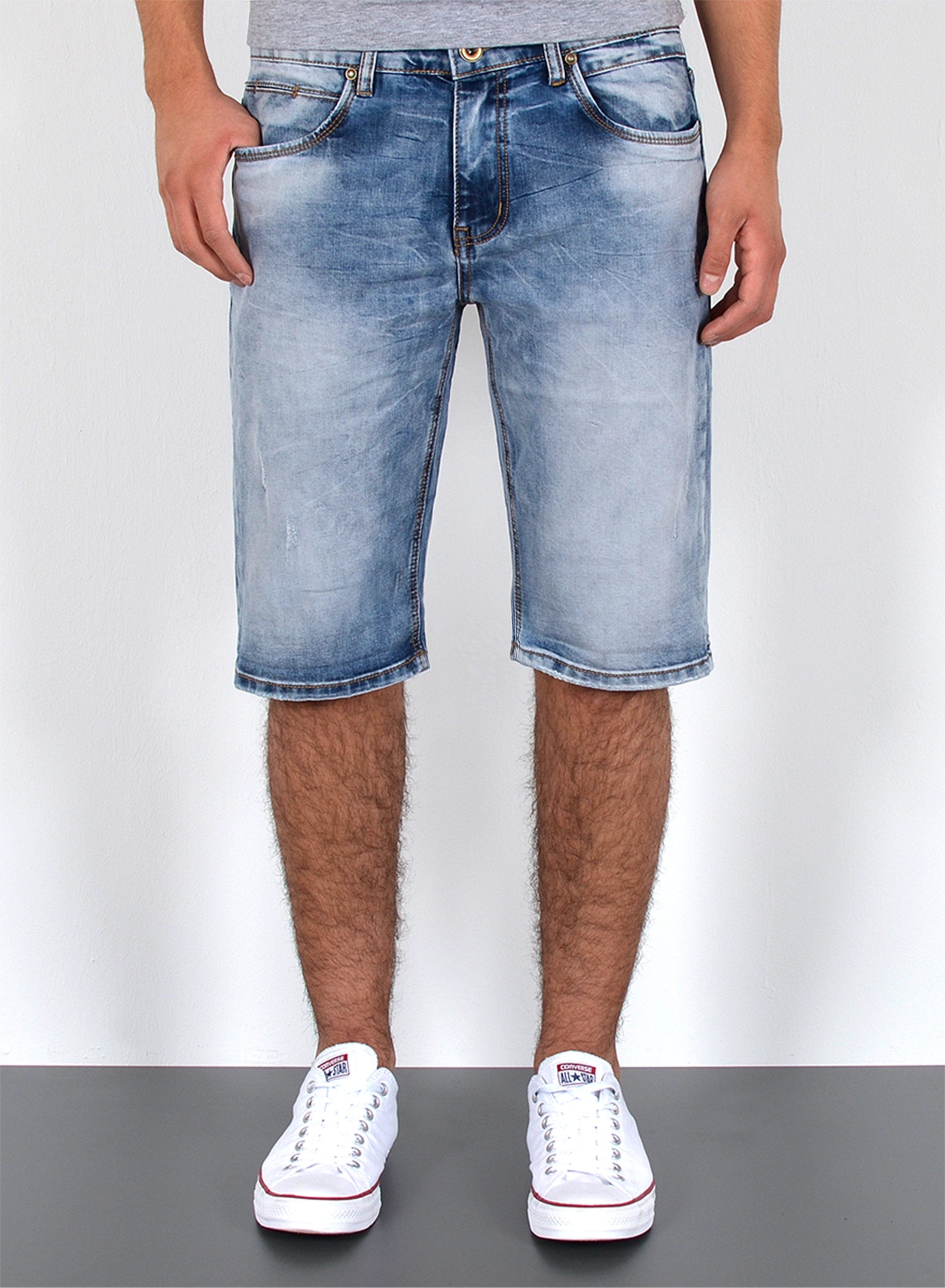 ESRA Jeansshorts A363 Herren Jeans Shorts Hose, bis Übergröße / Plussize Große Größe, Herren kurze Jeans Hose mit 5 Pocket, Herrren kurze Jeanshose mit Stretch, Jeansshorts mit Rissen im Destroyed Look, Herren Capri Jeans Herren Capri Hose Herren Capri Jeanshose Shorts, Herren Shorts Jeans Straight Regular Comfort Hellblau A406