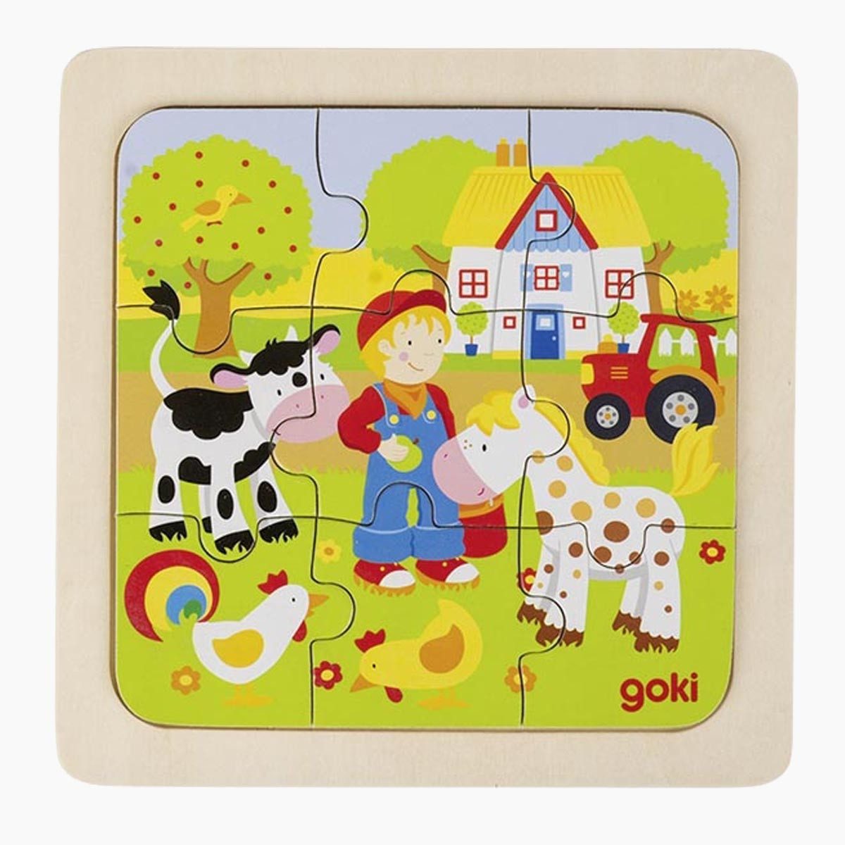 goki Steckpuzzle Einlegepuzzle Bauernhof, Unterwasserwelt 4er Set, 9 Puzzleteile, mit jeweils 9 bunt lackierten Holzteilen