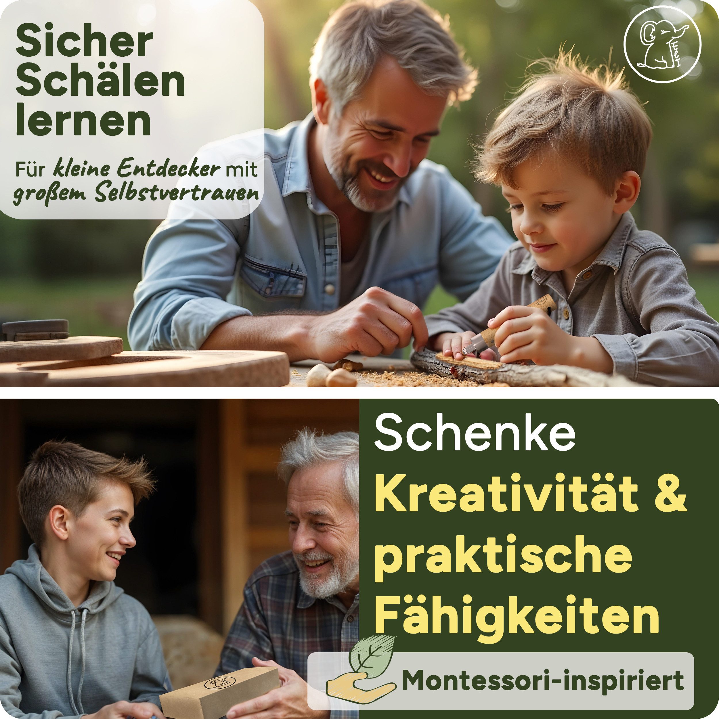Eli Taschenmesser Schnitzmesser für Kinder mit runder Klinge ab 8 Jahre - Kindermesser, (Schnitzset - Kinderschnitzmesser -, Schnitzwerkzeug), Outdoor Messer für Jungen und Mädchen