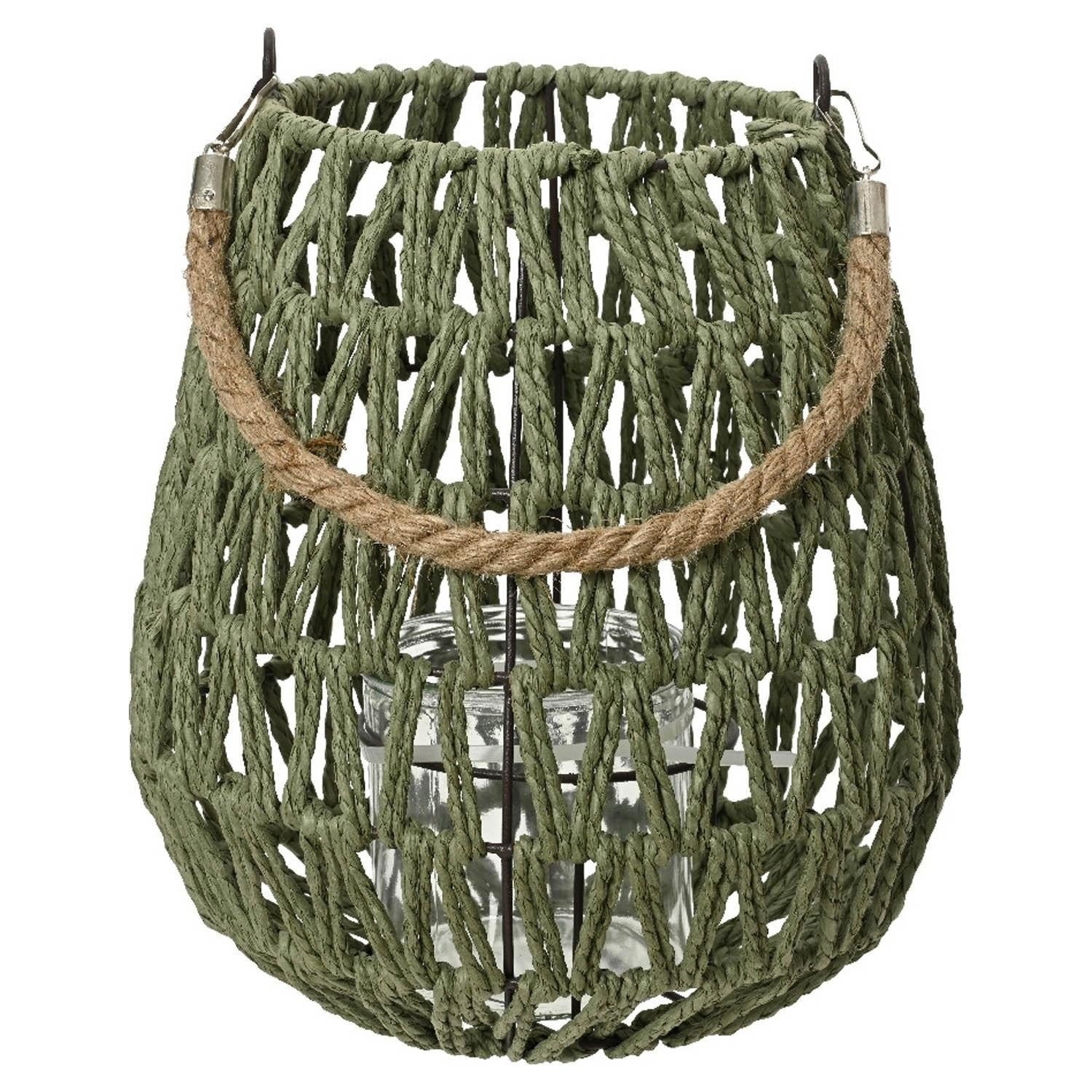 Windlicht LILLI, Ø 24 cm, H 27 cm, Grün, Braun, (1 St), Juteseil, Windlichtglas, mit Seilgriff
