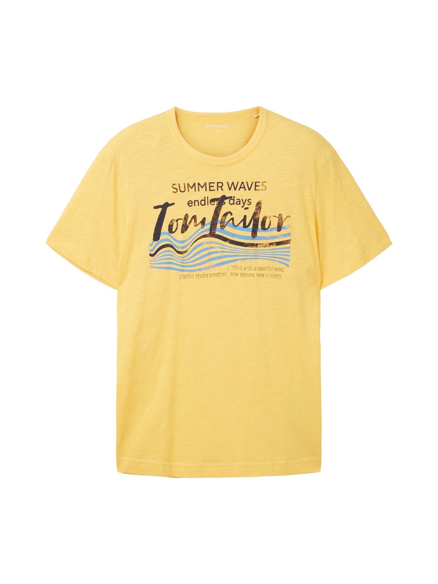 TOM TAILOR T-Shirt T-Shirt Tom Kurzarmshirt Tailor gelb Frontprint (1-tlg) mit