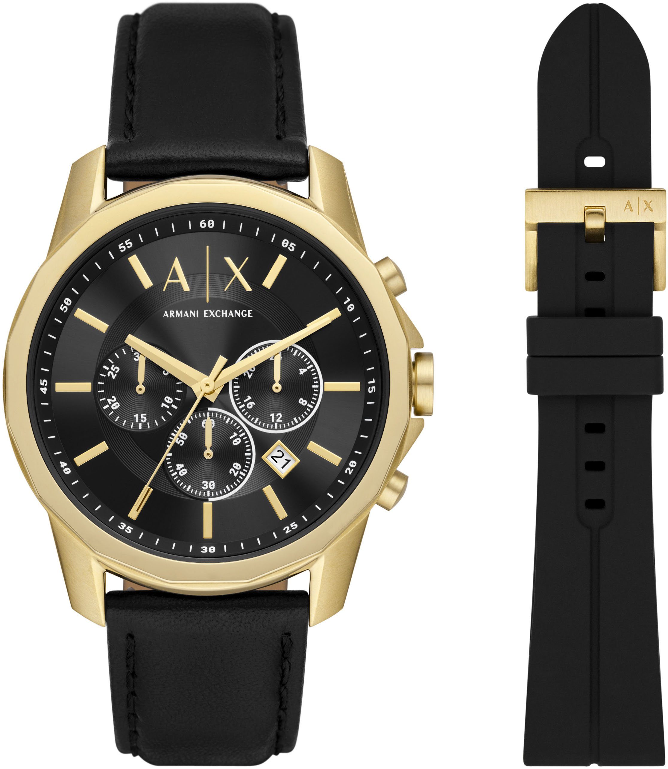 ARMANI EXCHANGE Chronograph AX7133SET, (Set, 2-tlg., mit Wechselband aus schwarzem Silikon), ideal auch als Geschenk