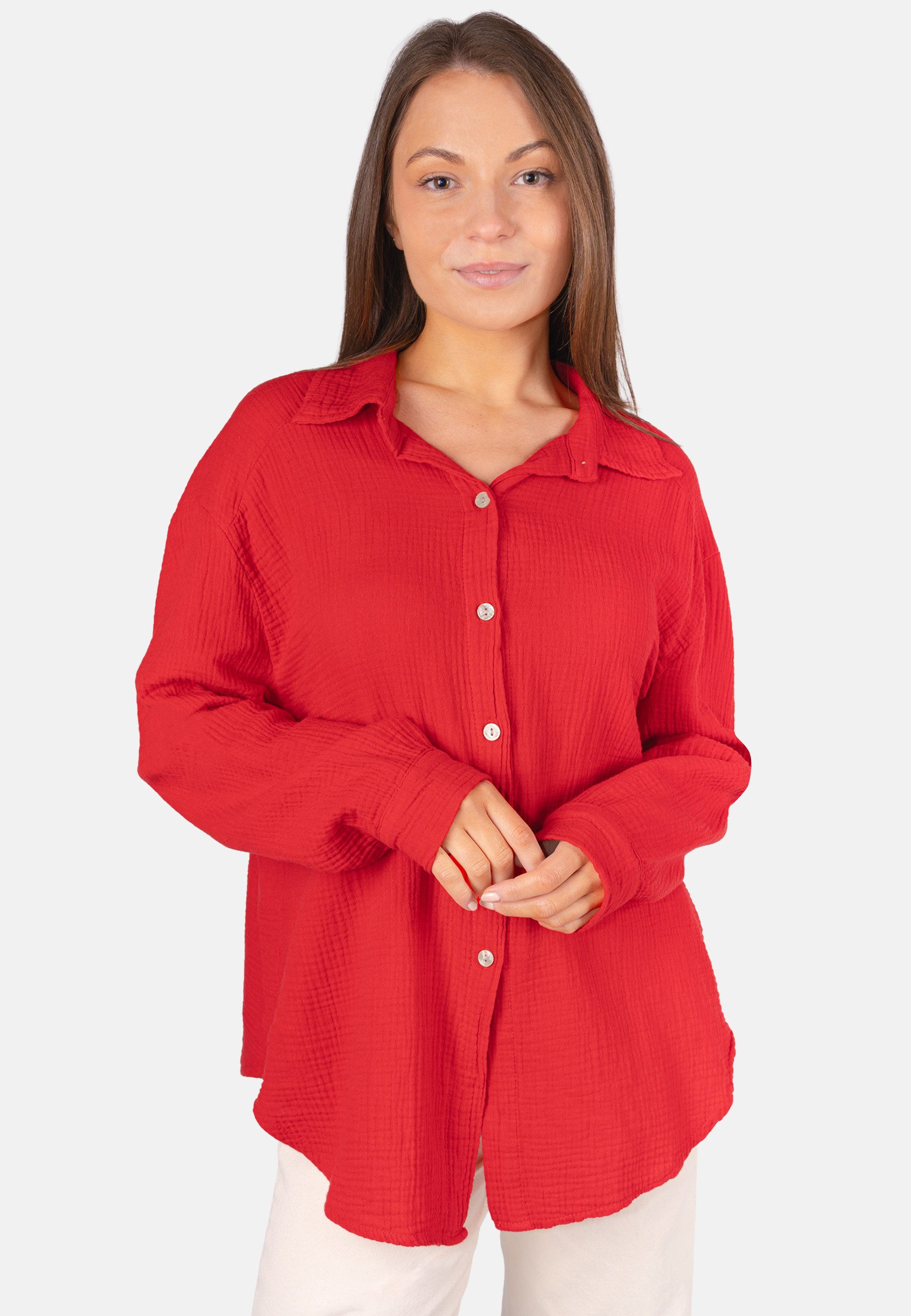 Seasons of April Hemdbluse Oversized Musselinbluse Sasha (1-tlg) Kurze Musselin Hemdbluse mit Knopfverschluss aus 100% Baumwolle