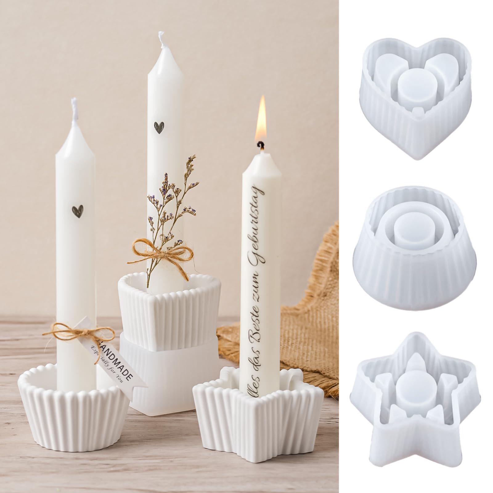 FOUORTUNATE-BEE Modellierwerkzeug Silikon Kerzenhalter Formen Set, 3-teilig, Stern Herz Rund, Kerzenformen aus Silikon für Stabkerzen & Deko
