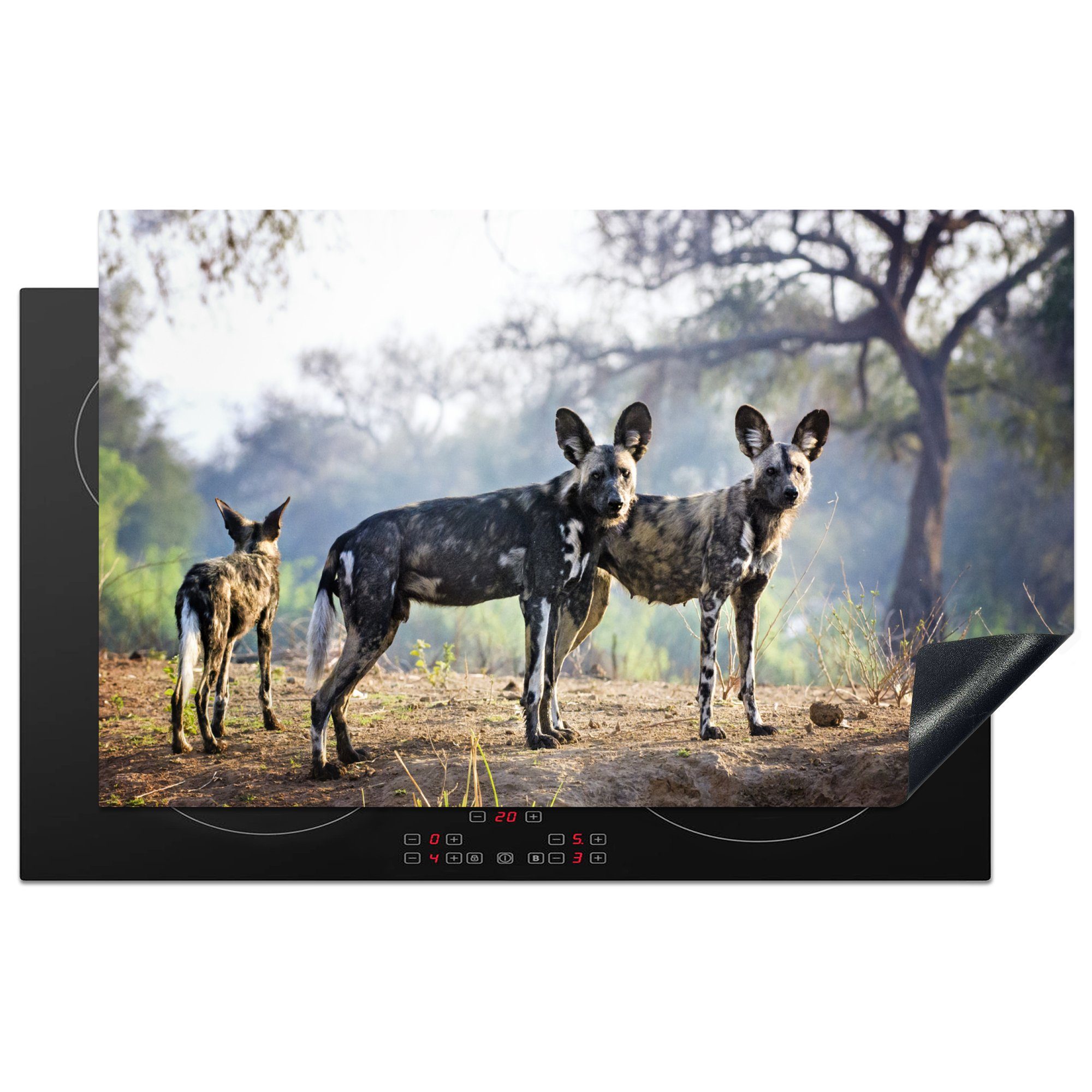 MuchoWow Herdblende-/Abdeckplatte Zwei afrikanische Wildhunde mit ihrem Welpen, Vinyl, (1 tlg), 83x51 cm, Ceranfeldabdeckung, Arbeitsplatte für küche