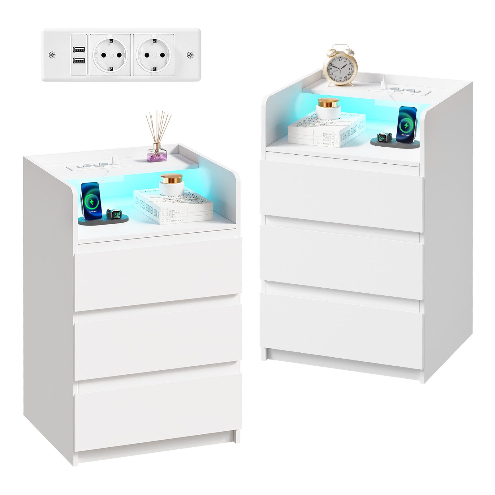 Nachttisch mit LED-Beleuchtung, Steckdosen & USB-Anschlüssen, 40x35x68cm