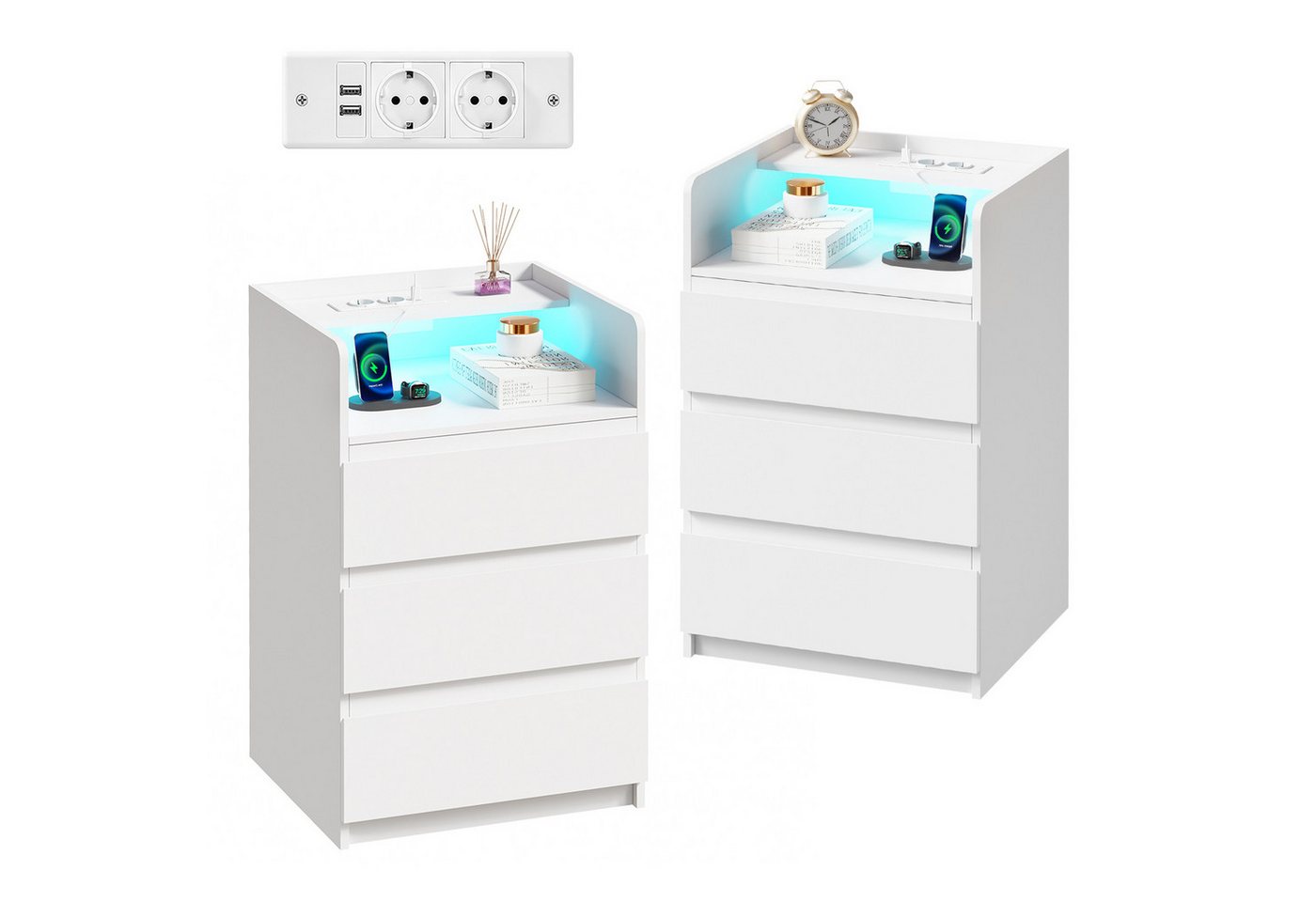BEWISHOME Nachttisch mit LED-Beleuchtung, Steckdosen & USB-Anschlüssen, 40x35x68cm (2-St), Moderner Schlafzimmerschrank mit Stauraum