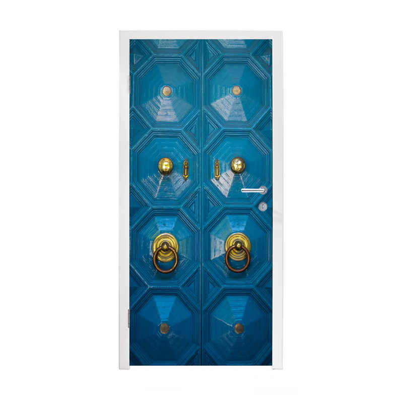 MuchoWow Türtapete Tür - Blau - Gold, Matt, bedruckt, (1 St), Selbstklebende Tapete, Folie für Möbel, 75x205 cm