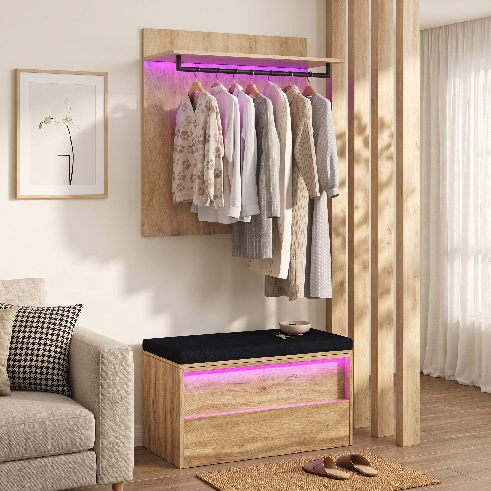 Flieks Garderoben-Set Holzoptik Wandgarderobe, Schuhbank mit Sitzissen, Kleiderständer, (Kompaktgarderobe mit LED-Beleuchtung, 2-St., 90x47x145 cm), Sitzbank mi – Bild 3 von 5