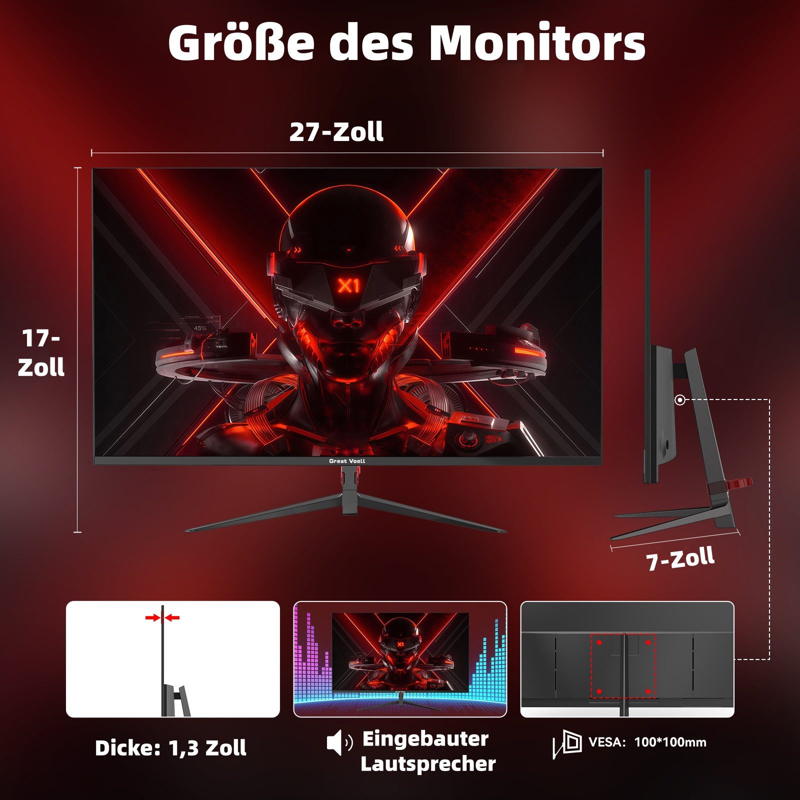 Great Voell Z270B13 FHD Flach Monitor, 100 Hz, Integrierte Lautsprecher, 16:9 Gaming-Monitor (68,6 cm/27 ", 1920x1080 px, FHD, 1 ms Reaktionszeit, 100 Hz, VA LED, HDR10, Eingebauter Lautsprecher, Flacher Gaming & Home Office Monitor)