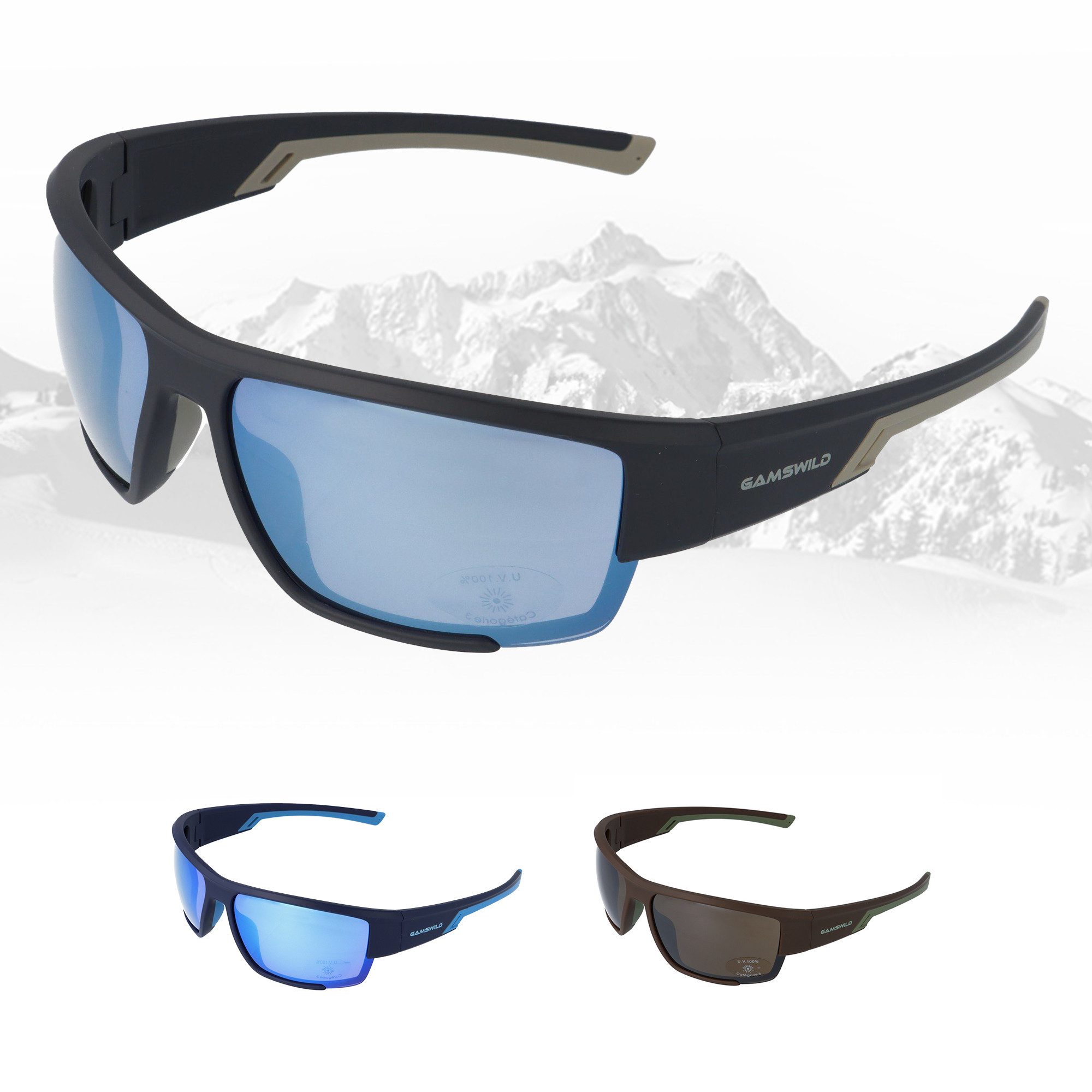 Gamswild Sportbrille UV400 Sonnenbrille Skibrille Fahrradbrille breite Bügel/Zugluftschutz, Damen Herren Modell WS7133 in schwarz, braun, blau