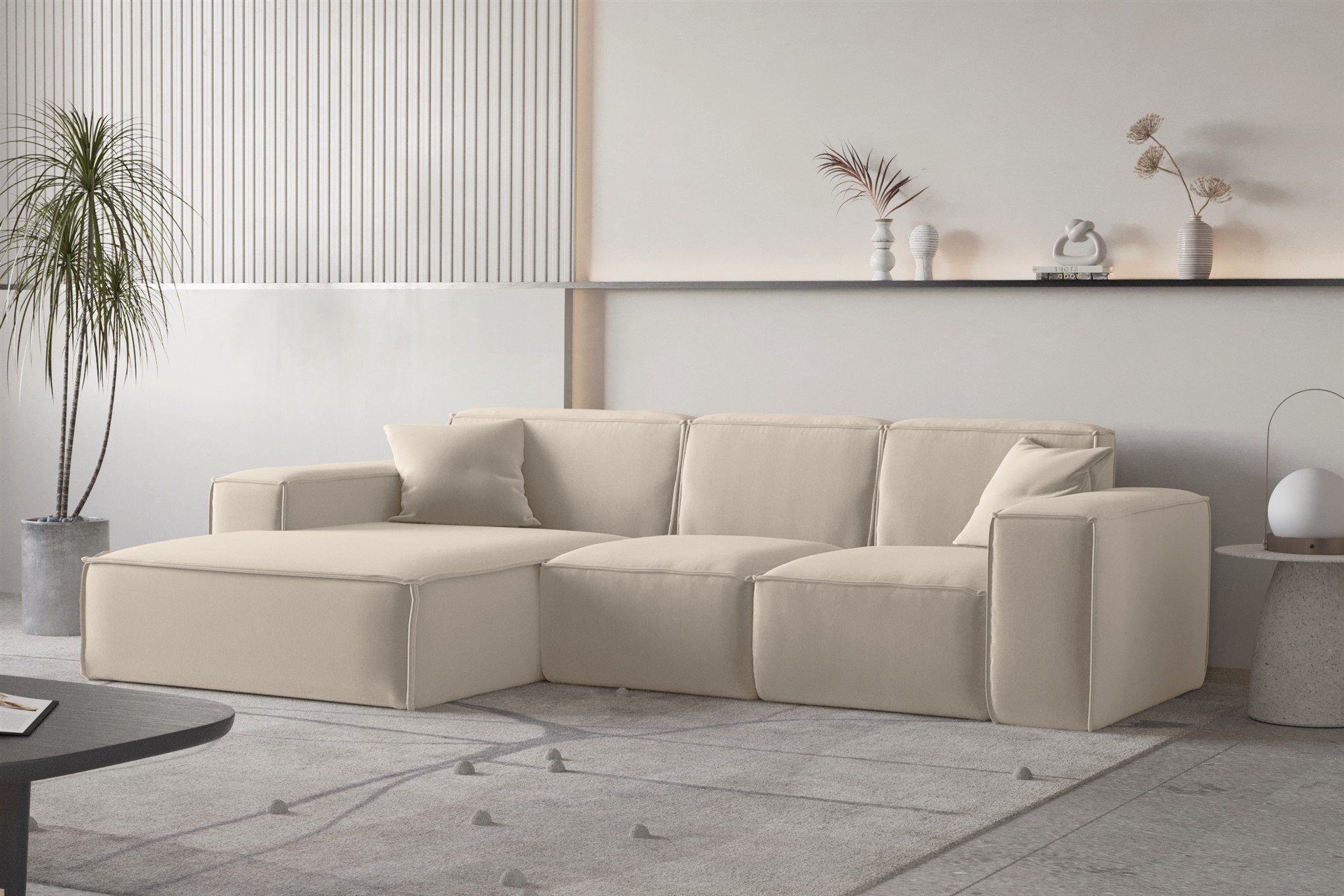 Fun Möbel Ecksofa Ecksofa Designersofa CELES PREMIUM Ottomane Rechts oder Links in Stoff, inkl. 2 Zierkissen