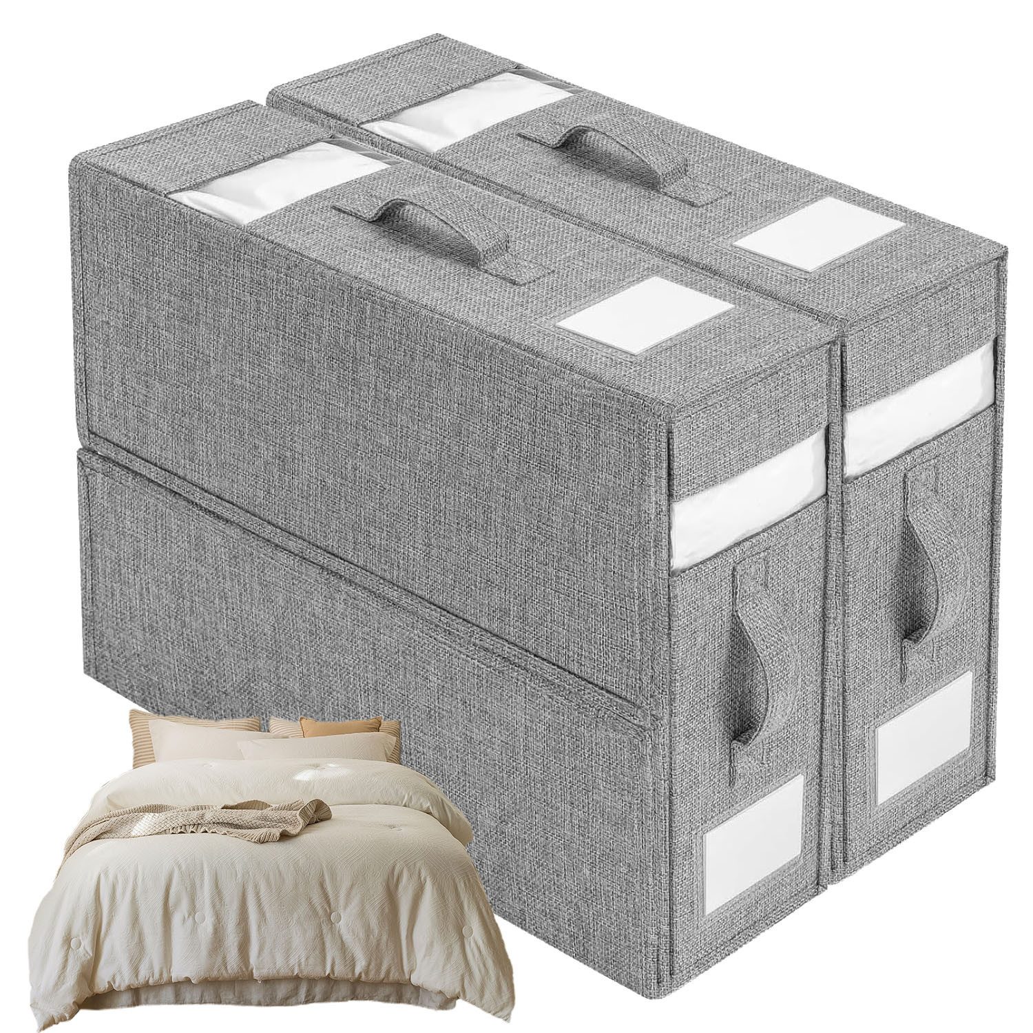 HEYHIPPO Aufbewahrungsbox 2er Set faltbare Bettlaken-Organizer,Unterbett Aufbewahrungsboxen,grau (Set, Wasserfester Unterbett-Organizer mit Reißverschluss, 38×32×11,5 cm), Leinen-Bettwäschebox mit Tragegriff, atmungsaktiv & Sichtfenster
